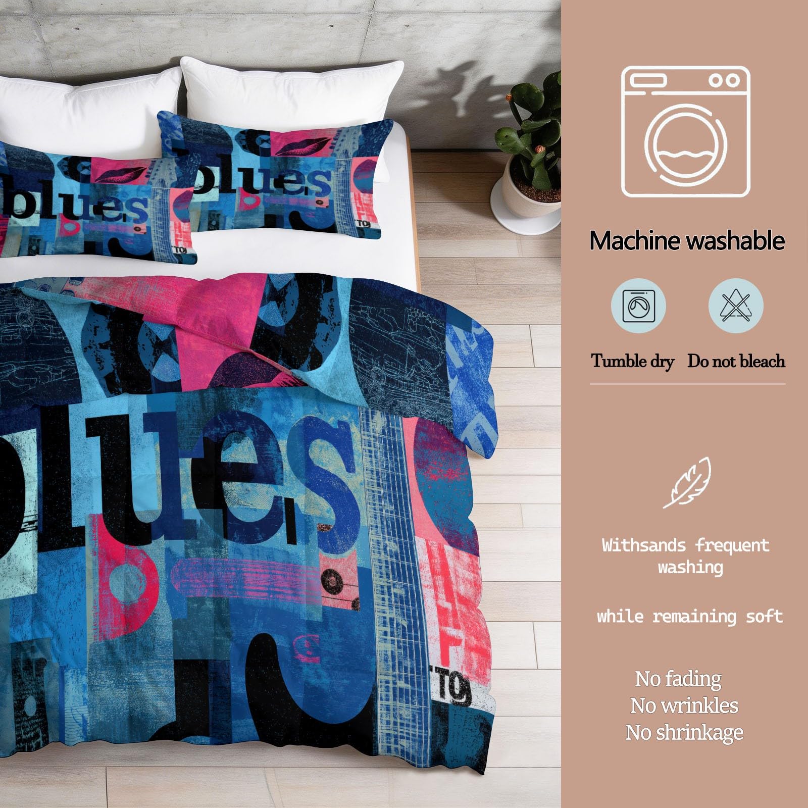 Coverless - Piumone reversibile con note musicali e chitarra, 135 x 200 cm, stampato, morbido, per letto singolo, 4,5 tog, per tutte le stagioni, stile retrò, trapuntato, anallergico e lavabile