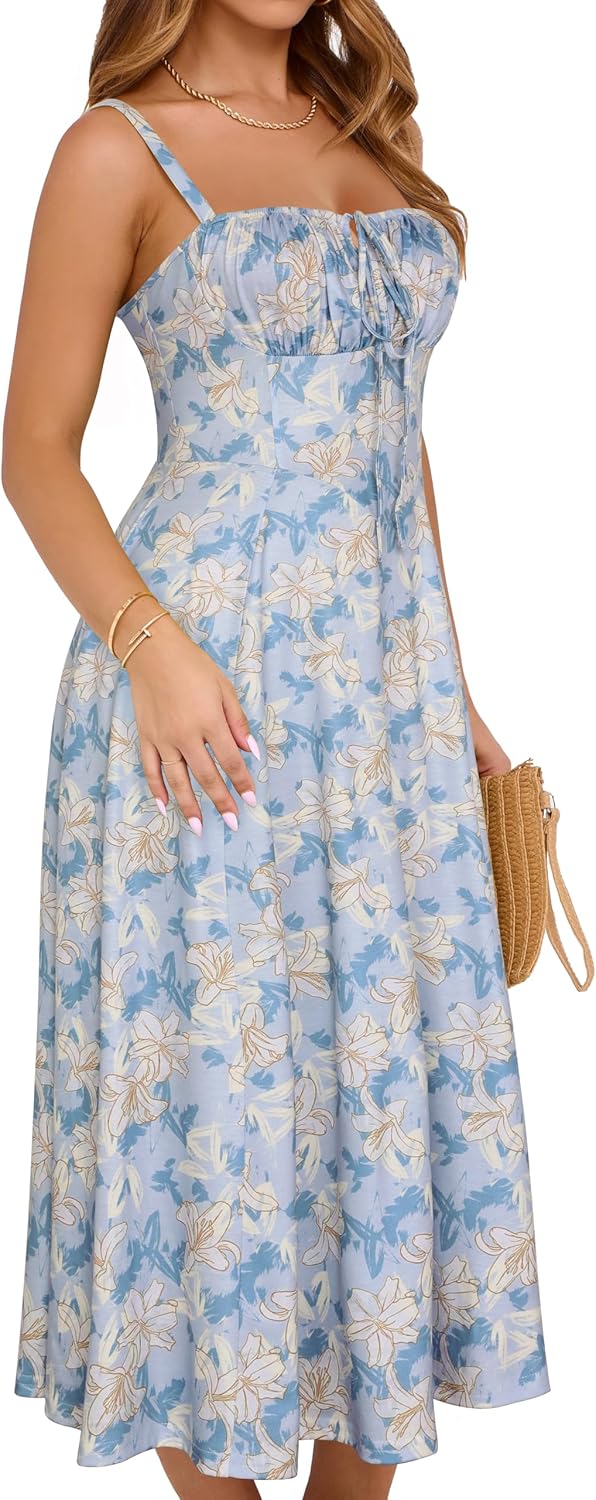 YATHON Women's Summer Midi Corset Boho Dresses Spring Casual Floral Spaghetti Straps Lace Up Dress Flowy Aline Beach Sundress - Image 4