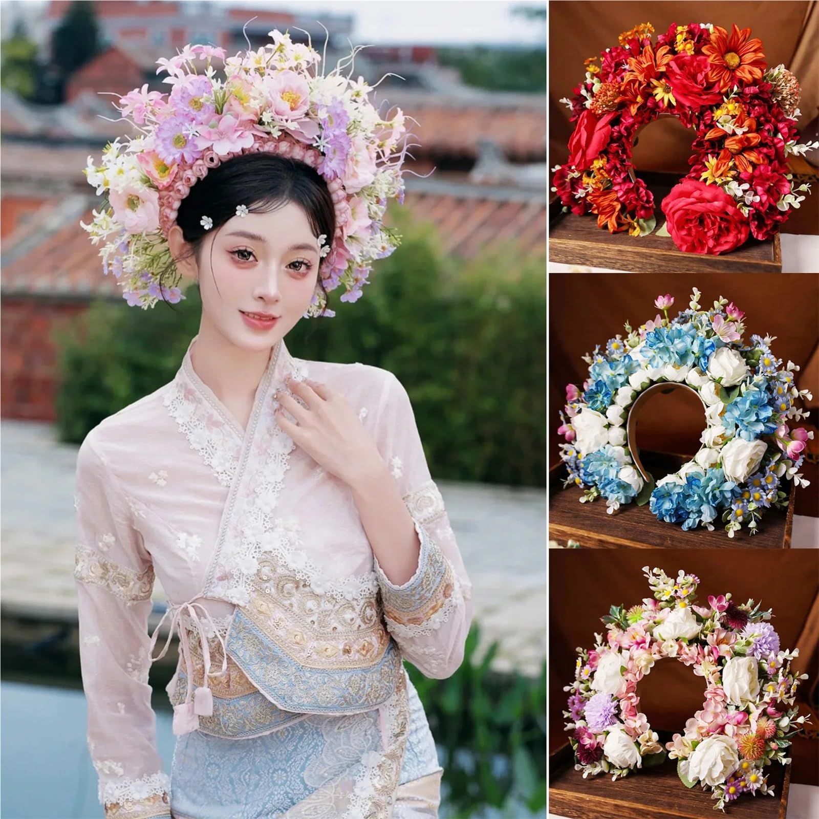 Blumenkranz Haare Frauen Mädchen Haarschmuck Stirnband Festival Große Blume Krone Kranz Dekoration for Die Haare Hochzeit Party Braut Kopfbedeckung ﻿(Color5)