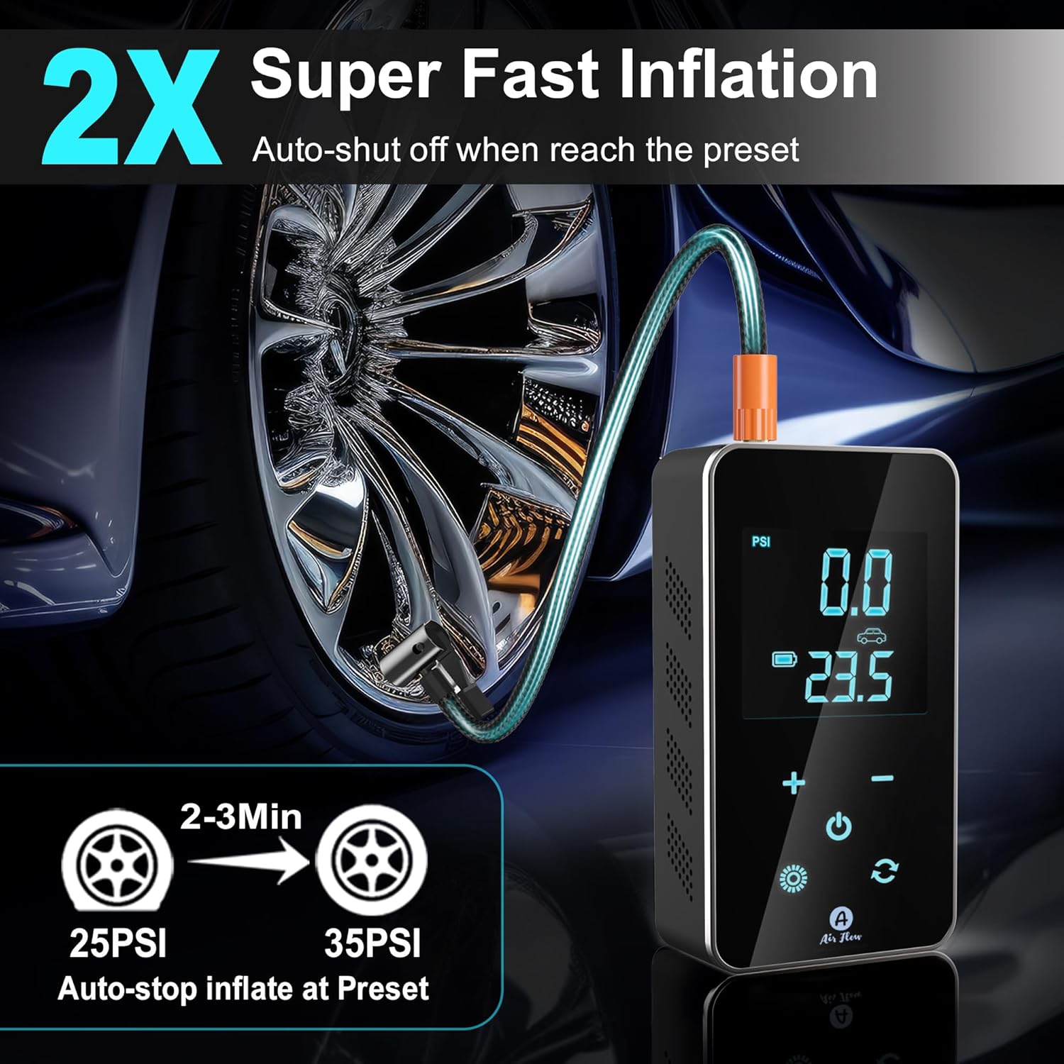 Air Flow Portable Tire Inflator connected to a car tire, illustrating fast inflation