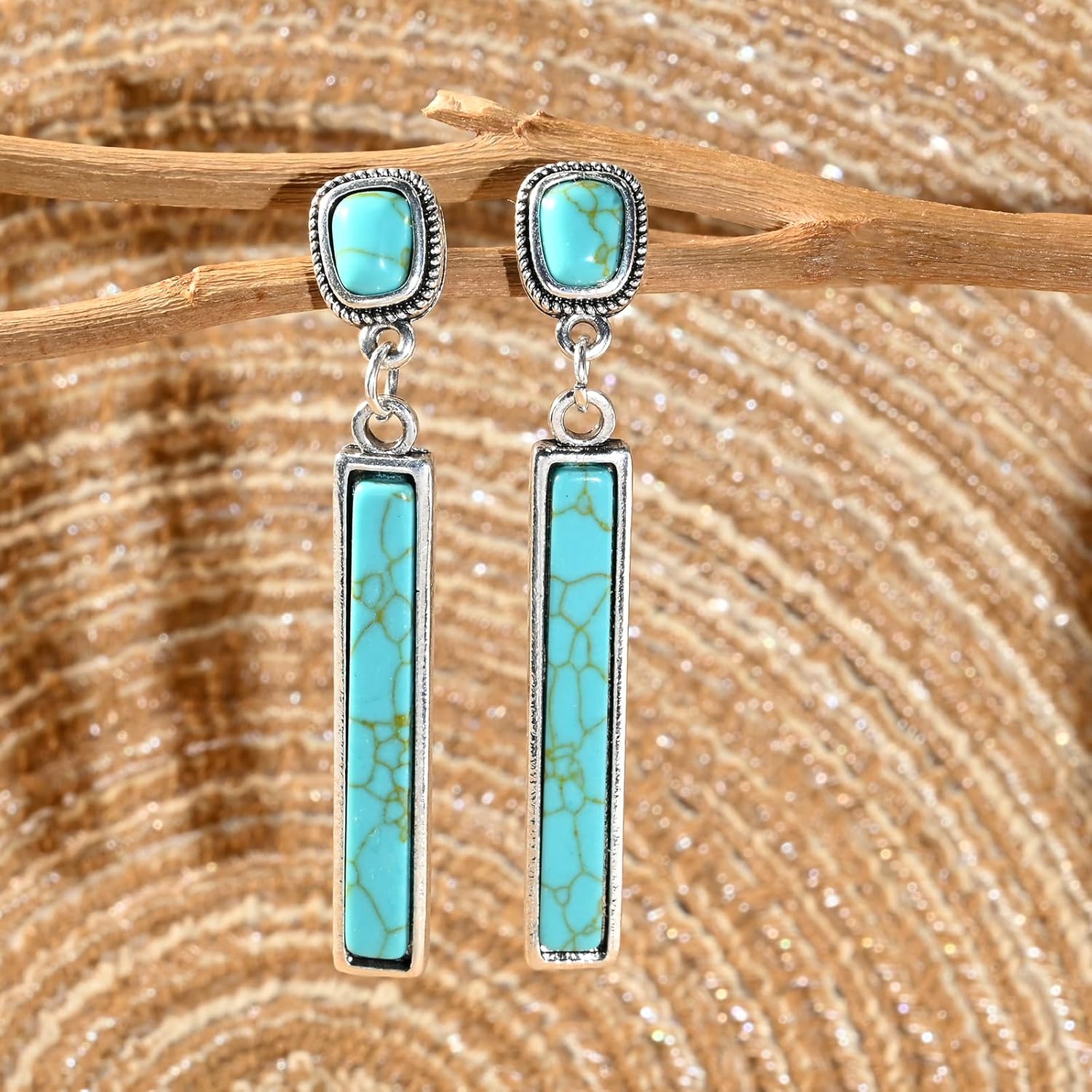 Silver Turquoise dangle Earrings for Women Boho Earrings Chunky Long Turquoise Studs Gemstone Bar Dangling - Image 6