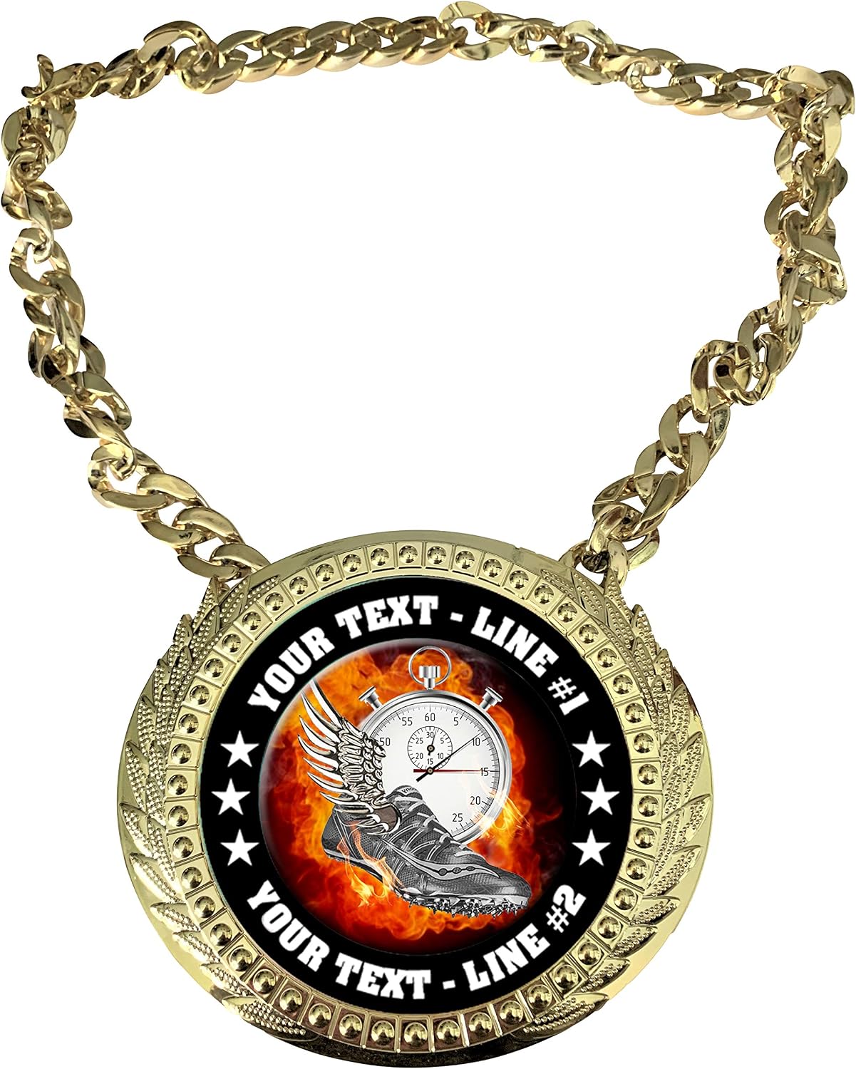 Express Medals Custom Flame Track Champ Chain Trophy with 2 Lines of Personalized Text on a Large Rigid Plastic Award Medal and 34 Inch Long Gold Color Neck Chain. EMFCL810