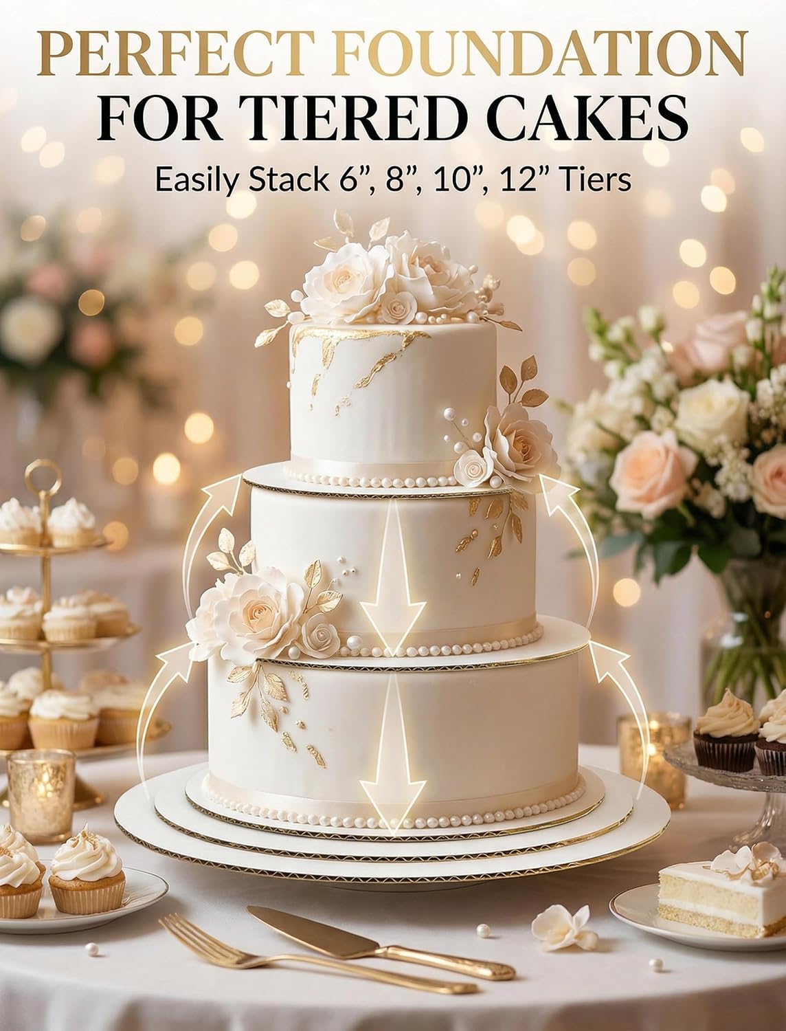 12 Pack Assorted Round Cake Boards (6, 8, 10, 12 Inch), 3mm Thick Sturdy White Cardboard Cake Bases, Greaseproof & Waterproof Cake Circles for Tiered Cakes, Birthdays & Multi-Size Baking (3 of Each)