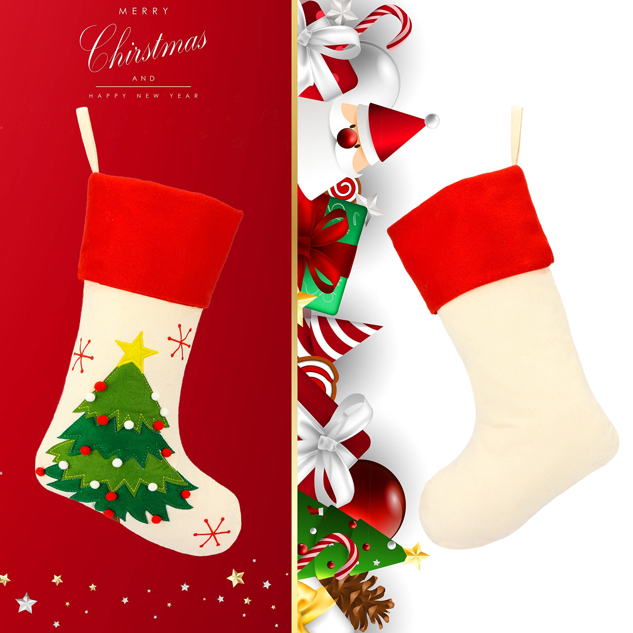 Hopearl 19-Zoll-Weihnachtsstrumpf-Set, 4-teilig, Weihnachtsstrumpf, Junge, Mädchen, Lebkuchenmann, rustikale Flachs-Socken, Halter, Ornament, Geschenktüten für Familie, Weihnachtsbaum, Partyzubehör