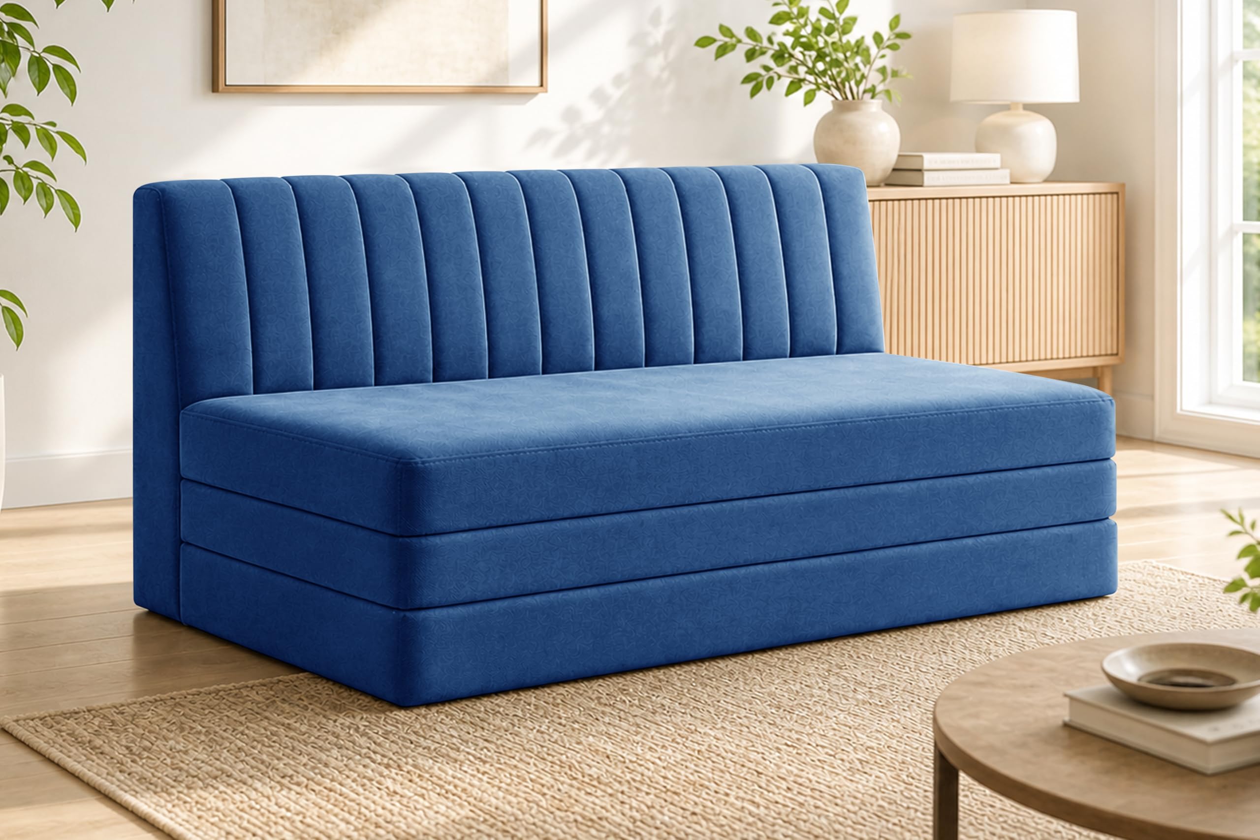 Ministry of Décor 3-Seater Foldable Floor Sofa Bed with, Modern Velvet Fabric Folding Couch for Living Room, Guest Room & Small Spaces-Blue