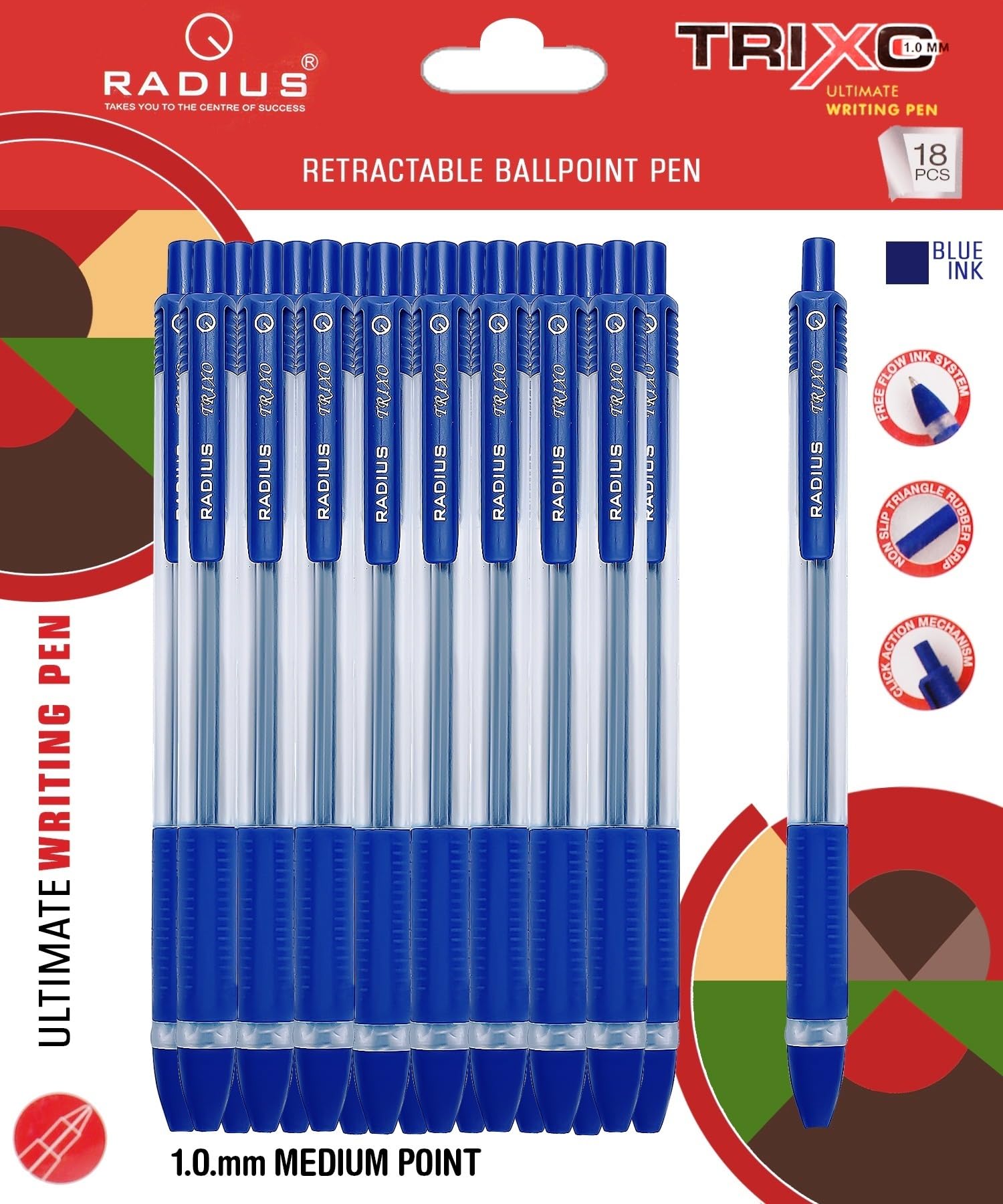 RADIUS Trixo Retractable Blue Ballpoint Pens - 18 Pack, 1.0mm Medium Fine Point for Smooth Writing, Comfort Rubber Grip, Stationery Item Set for Journal Writing, Home, Office, School