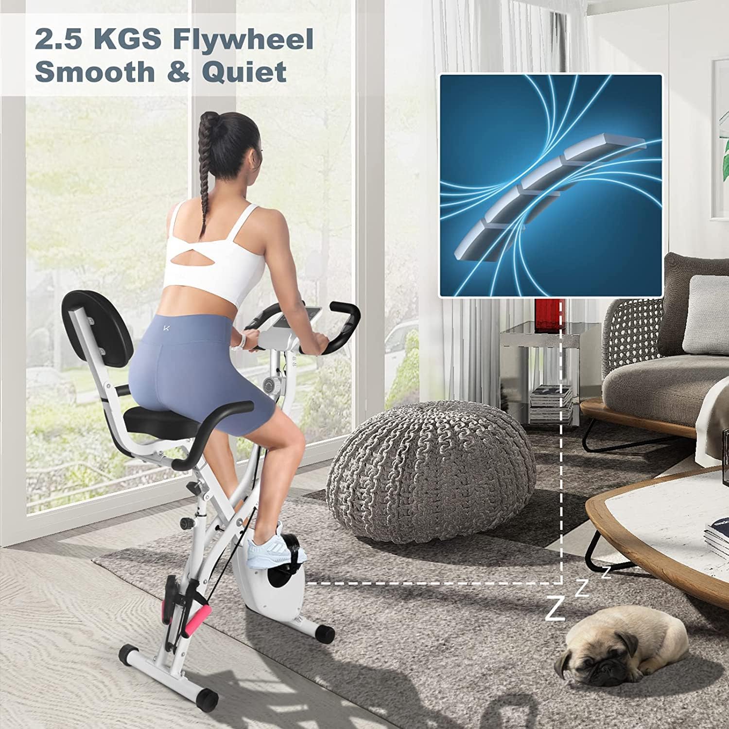 Image showing a person exercising on the Bigzzia bike with an inset of the 2.5 KGS flywheel.
