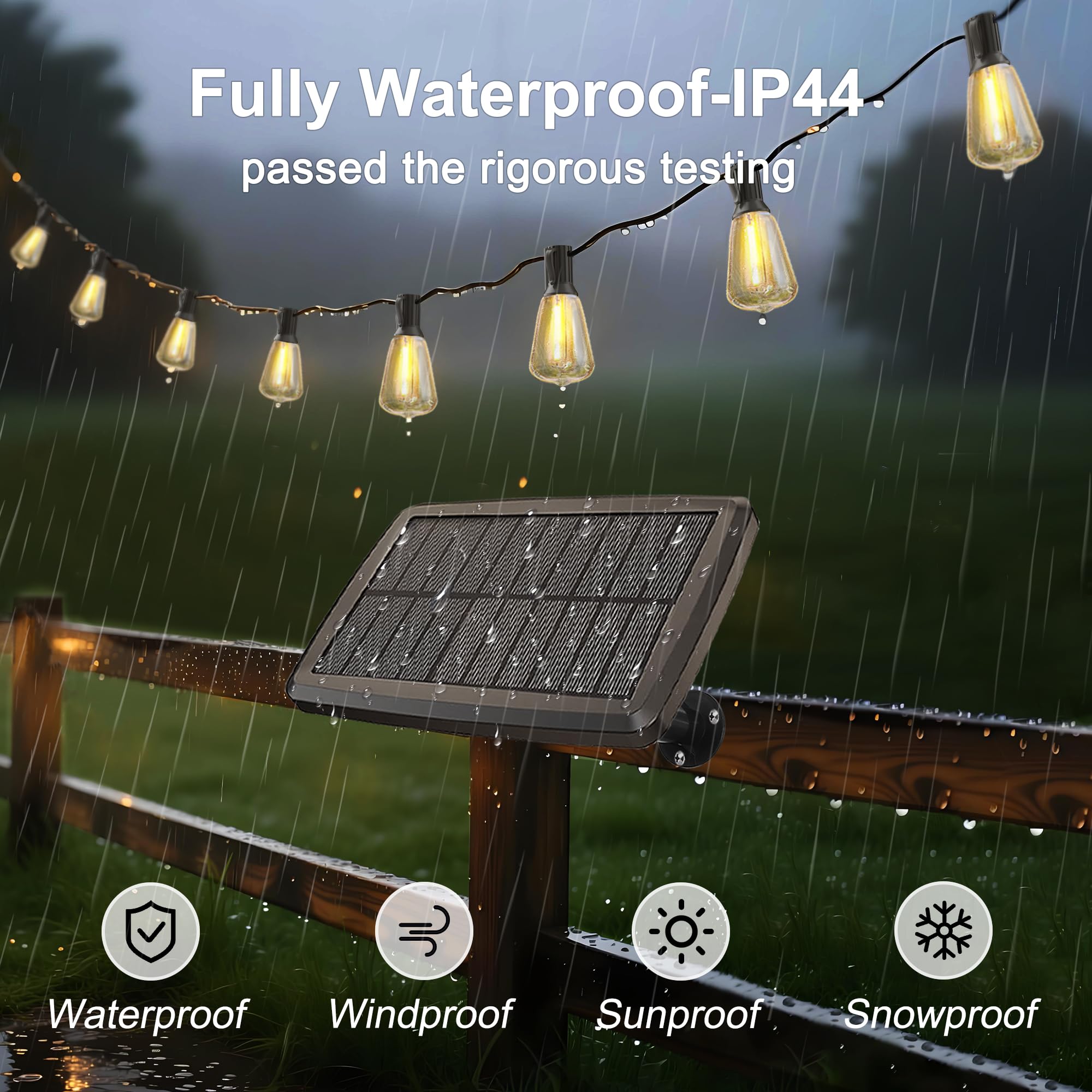BLIATLUS Guirnalda de luces solares de 25 pies para exteriores, impermeable, con control remoto, 8 + 2 bombillas LED ST38 inastillables para porche, jardín, mercado, bistró, patio, valla