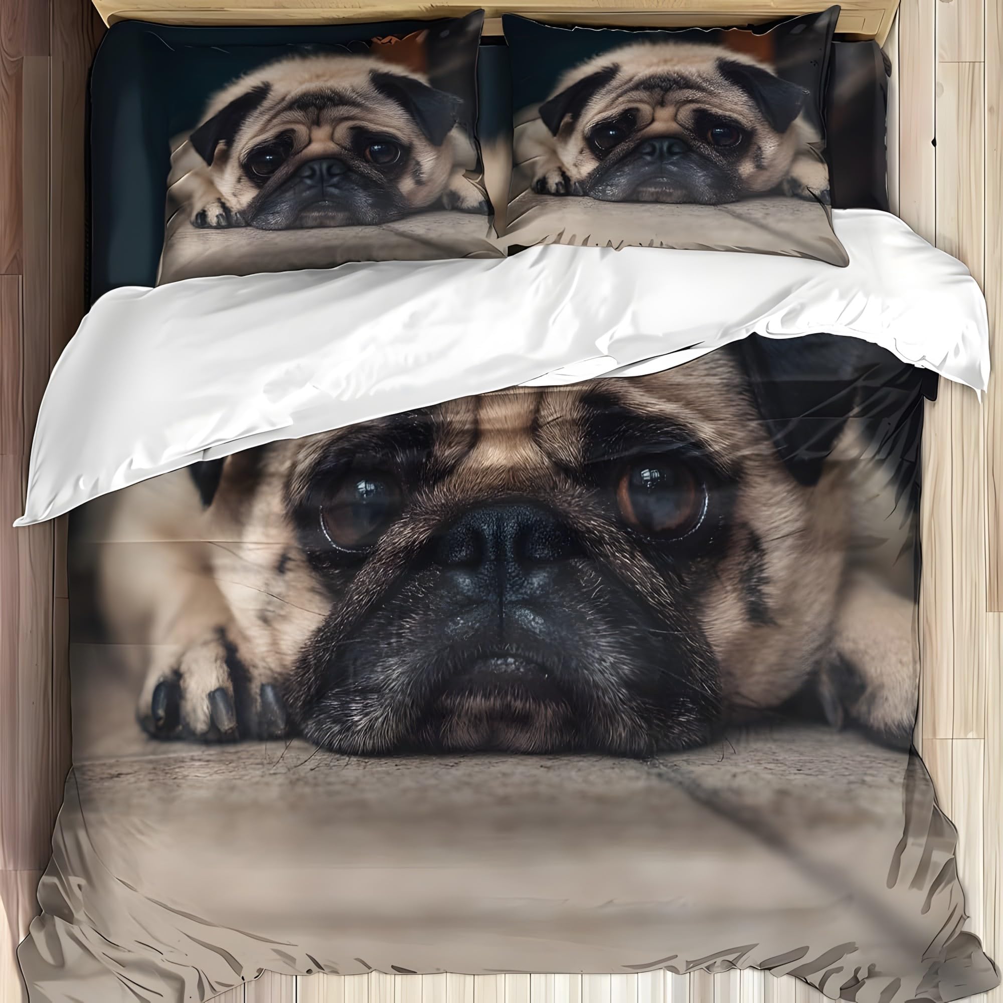 Ypthriline Super King Duvets Set Pug Bedding Set Microfiber Brown Duvet Covers with Pillowcases Reversible Bedding With Zipper Closure 260x220CM
