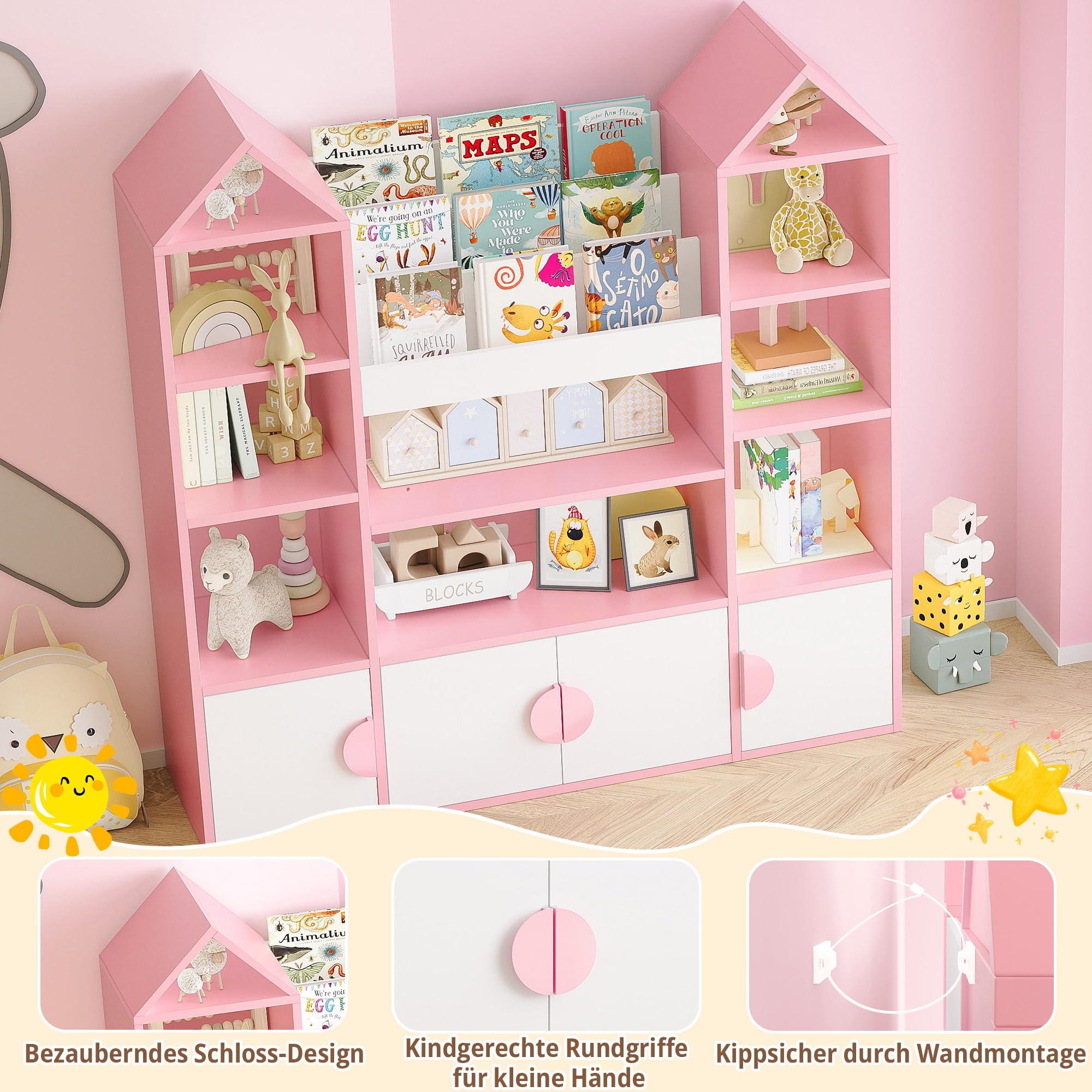 IRONCK Kinderregal, Bücherregal Kinder mit 4 Türen, Spielzeugregal Holz, Burgendesign Aufbewahrungsschrank, Spielzeugschrank, Kinderzimmer Möbel, 10 offene Regalböden, 123.5x33x127cm (Rosa)