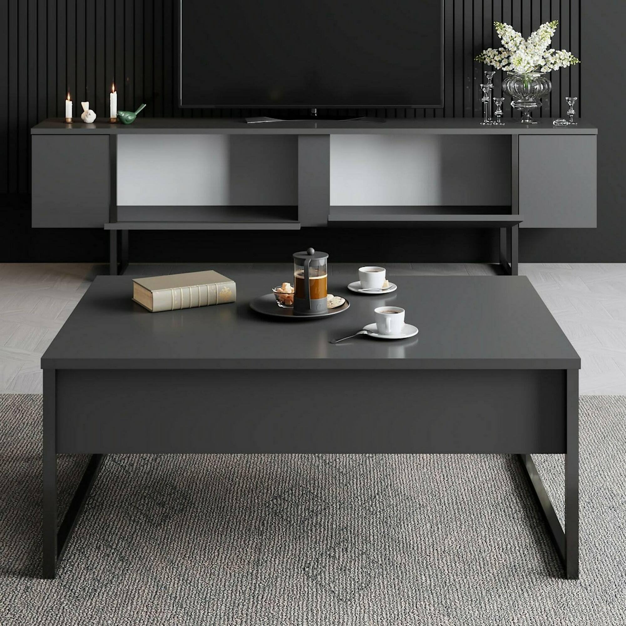 Dmora Mobile Porta Centaurus, Credenza da Soggiorno, Armadio Basso per TV, Base Parete attrezzata, 180x30h50 cm, Antracite e Nero
