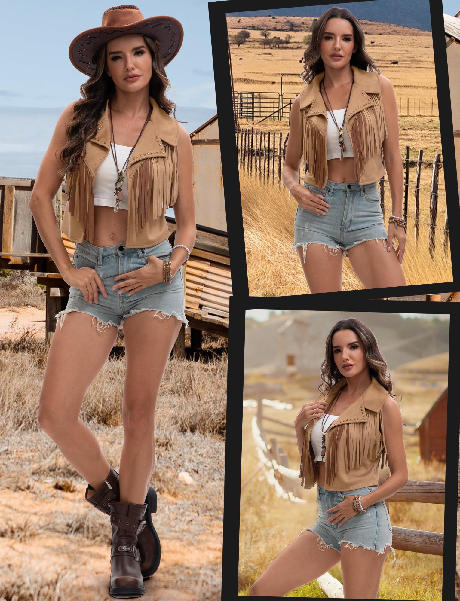 Panegy Femmes Fringe Gilet Gilet 70s Hippie Faux Suede sans manches Tassel Veste ouverte avant Cowgirl Rivets Cardigan