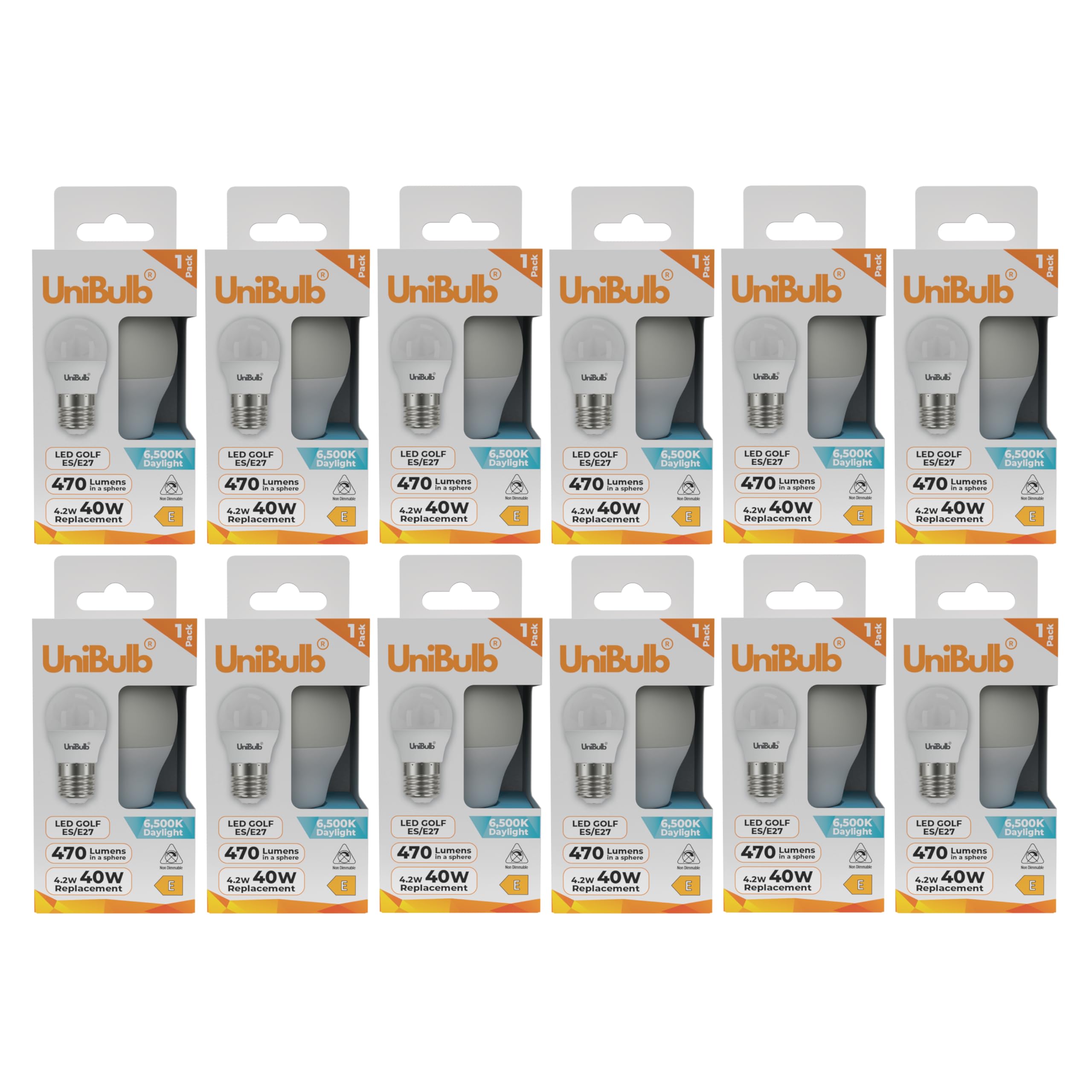 Unibulb E27 Edison Screw (ES) LED Light Bulb, 470 Lumens, 4.2W, Replaces 40W, 6500K Daylight, Non-Dimmable, 25yr Lifespan (12)