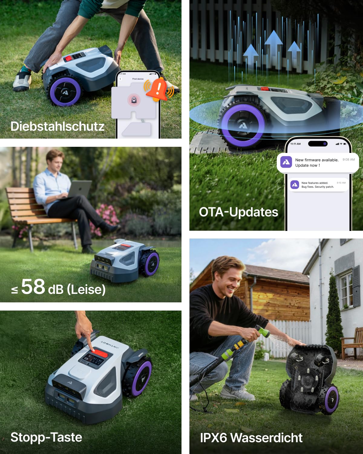 ANTHBOT M5 + Garage, Rasenmäher Roboter ohne Begrenzungsdraht, RTK-Navigation mit Dual-Vision, KI-Hindernisvermeidung, Mähroboter mit App-Steuerung, 45% Steigung, für kleine und mittelgroße Gärten