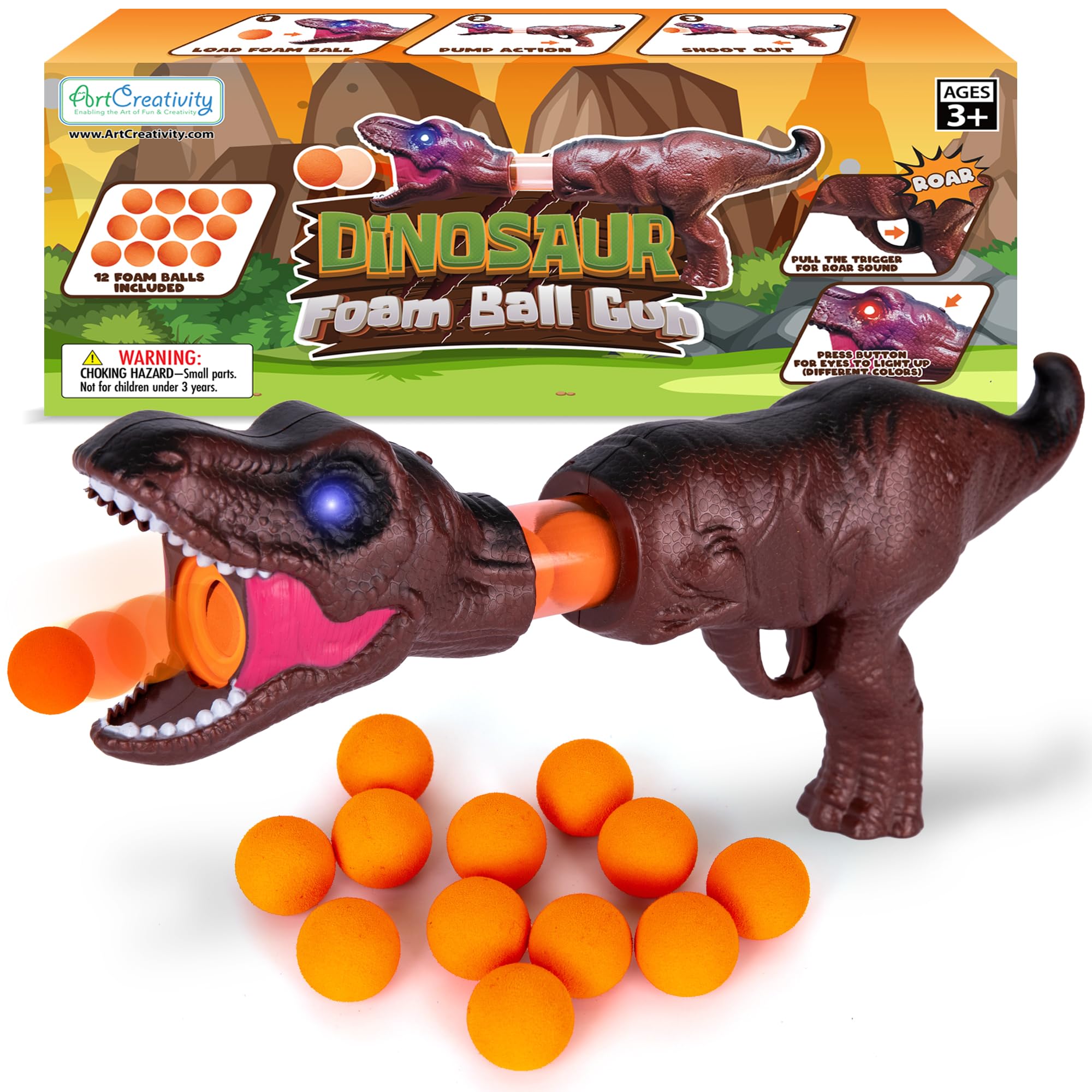 ArtCreativity LED Dinosaur Foam Blaster Gun - Pump Action Gun Toy with 12 Foam Balls - Roaring Sound Effects and Light Up Eyes - Dinosaur Shooting Toys for Boys Ages 3 and Up - Batteries Included