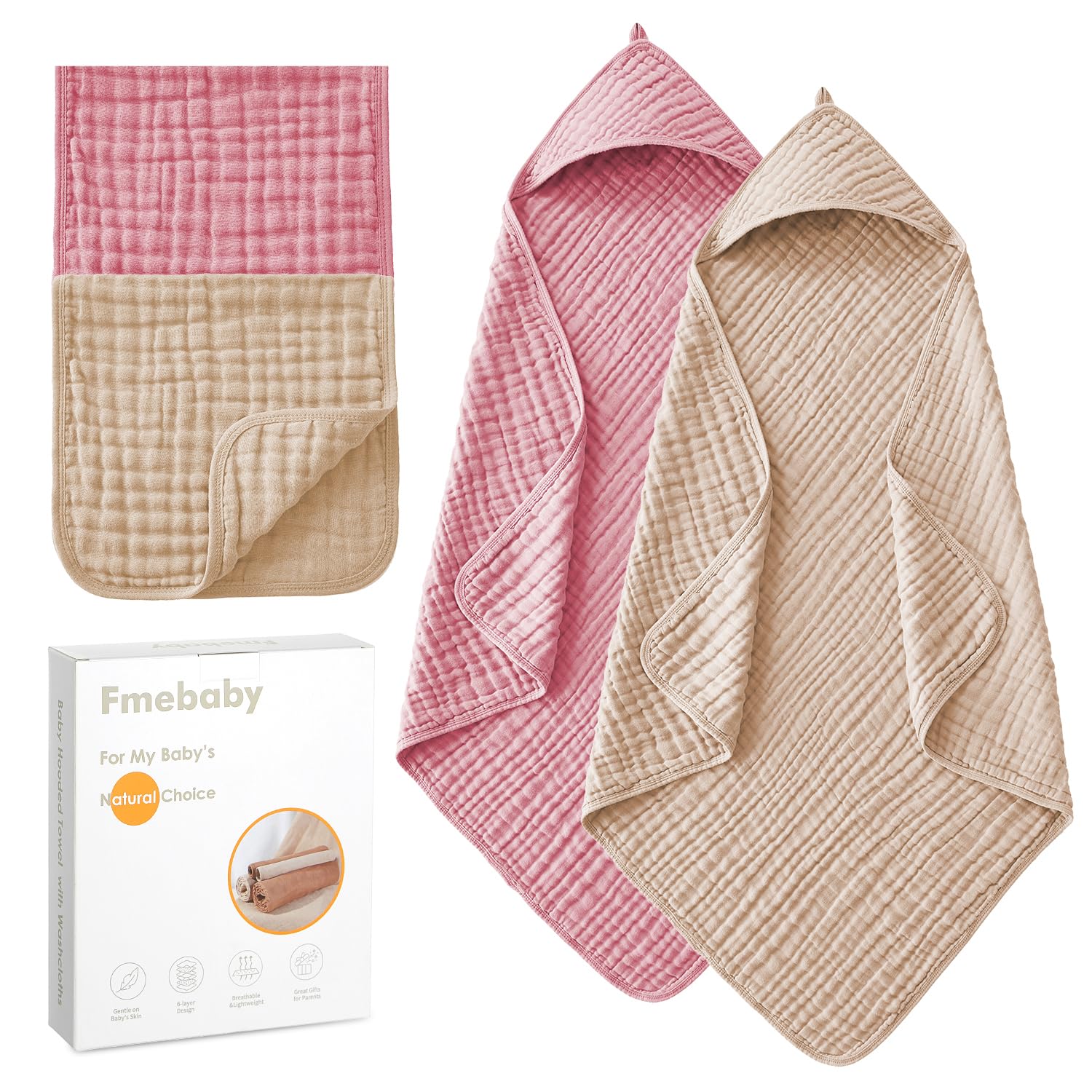 Hooded Baby Towels for Newborn 2 Pack, 32x32 Inch Muslin Cotton Baby Bath Towel and 2 Pack Washcloths for Babies, Toddler and Kids, Soft and Absorbent Newborn Essential(Pink and Apricot)