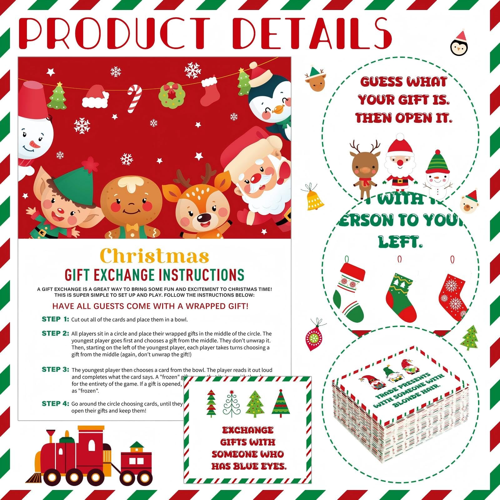 Fullhawl Christmas Exchange Game Gift Christmas Party Game Cards White Elephant Gift Exchange Cards Holiday Present Swap Party Game for Families Adults Coworkers Groups Christmas Party Supplies