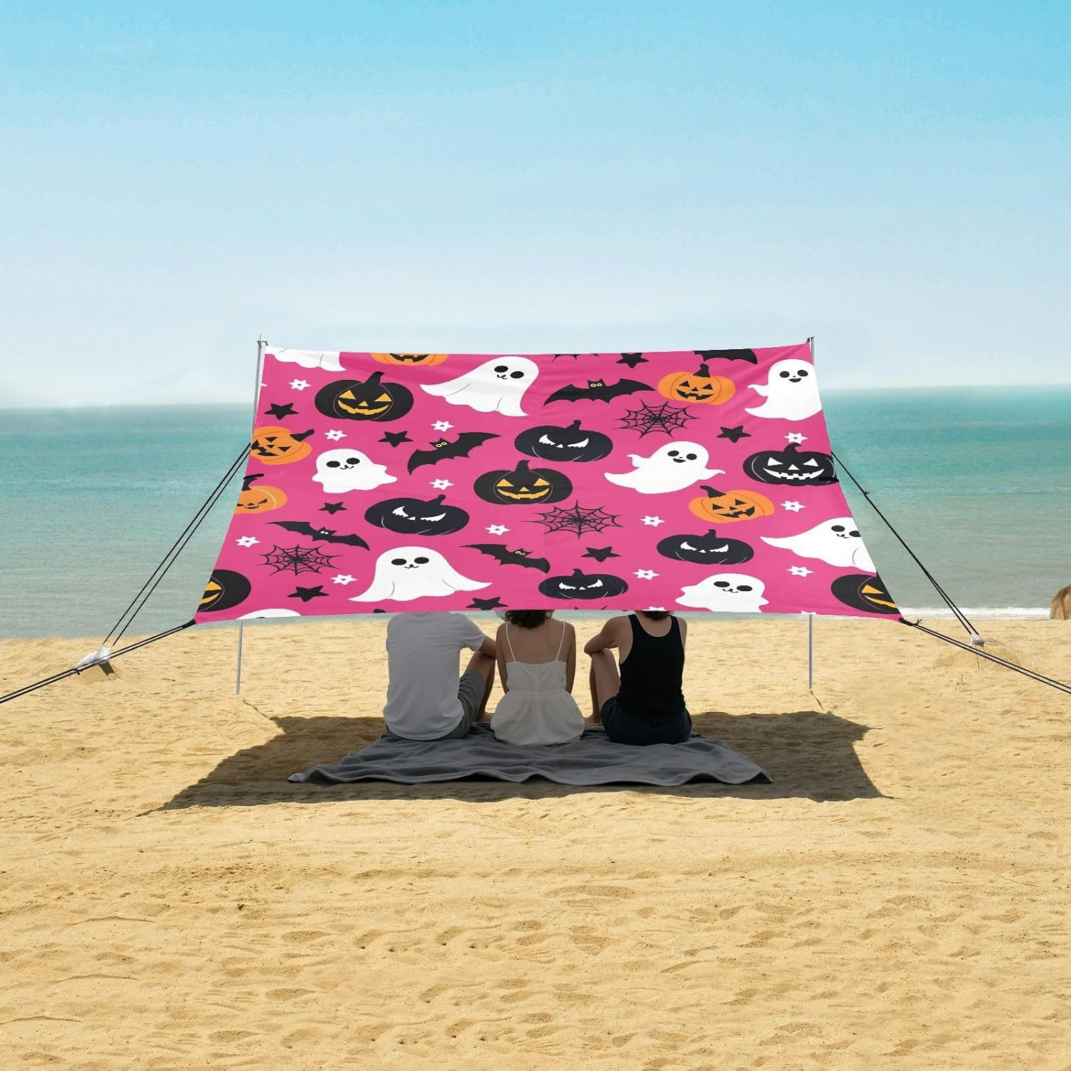ALAZA Cute Ghost Pumpkin Bat Halloween Beach Tent Sun Shelter UPF50+ Protection Beach Shade Canopy w/ 4 Sandbags for Outdoor Camping, Fishing, Backyard Fun, Picnic, 10x9 ft