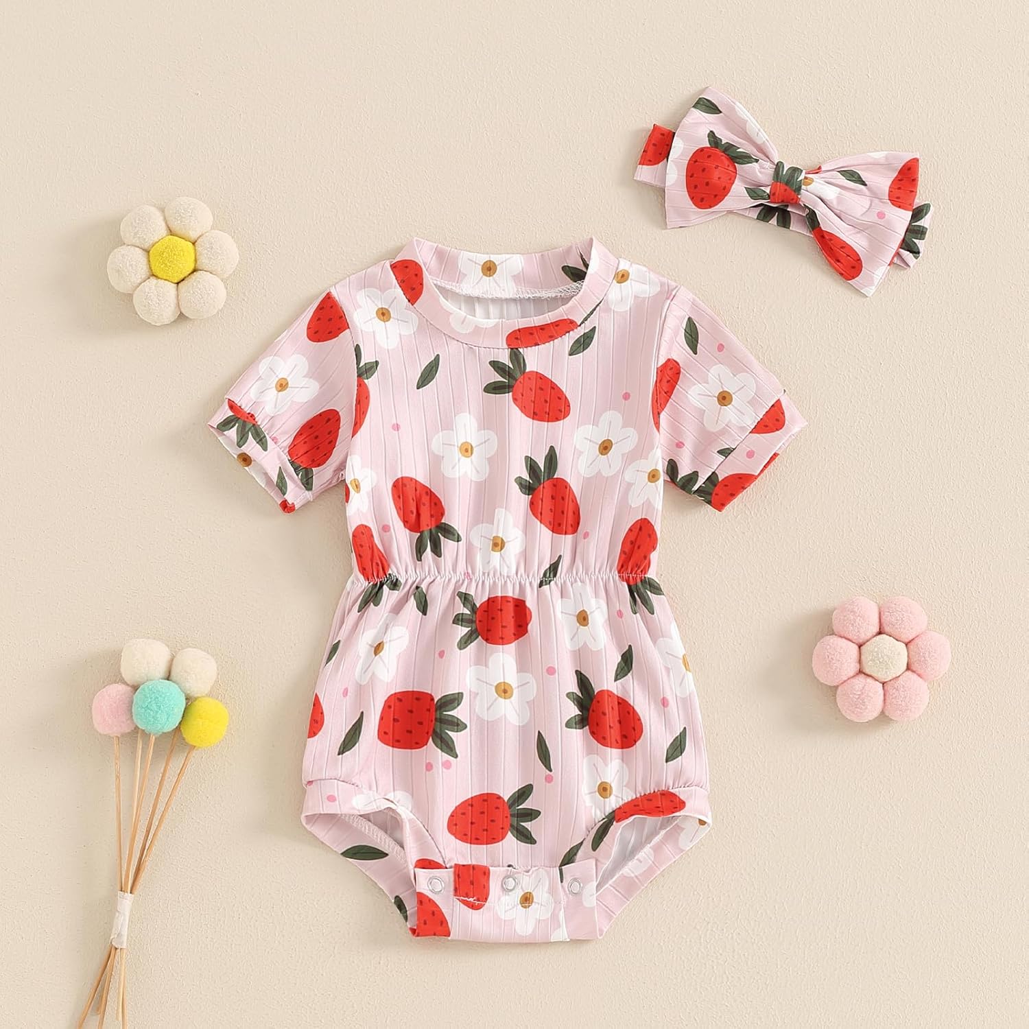 Baby Summer Clothes Girl Newborn Floral Ribbed Romper Bubble Bodysuit Infant 3 6 9 12 18 Months Cute Outfits - Image 2