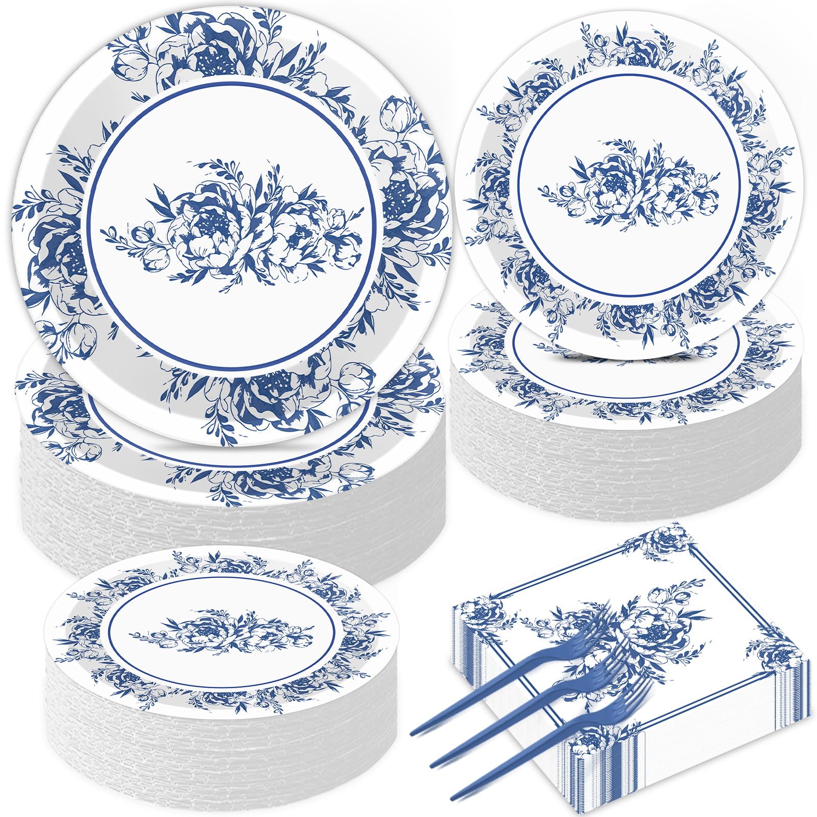 50 Guests Blue White Floral Party Tableware Set Blue and White Floral Plates Supplies Disposable Flowers Bridal Birthday Baby Shower Tea Party Dinnerware Plates Napkins Forks Decoration 200PCS