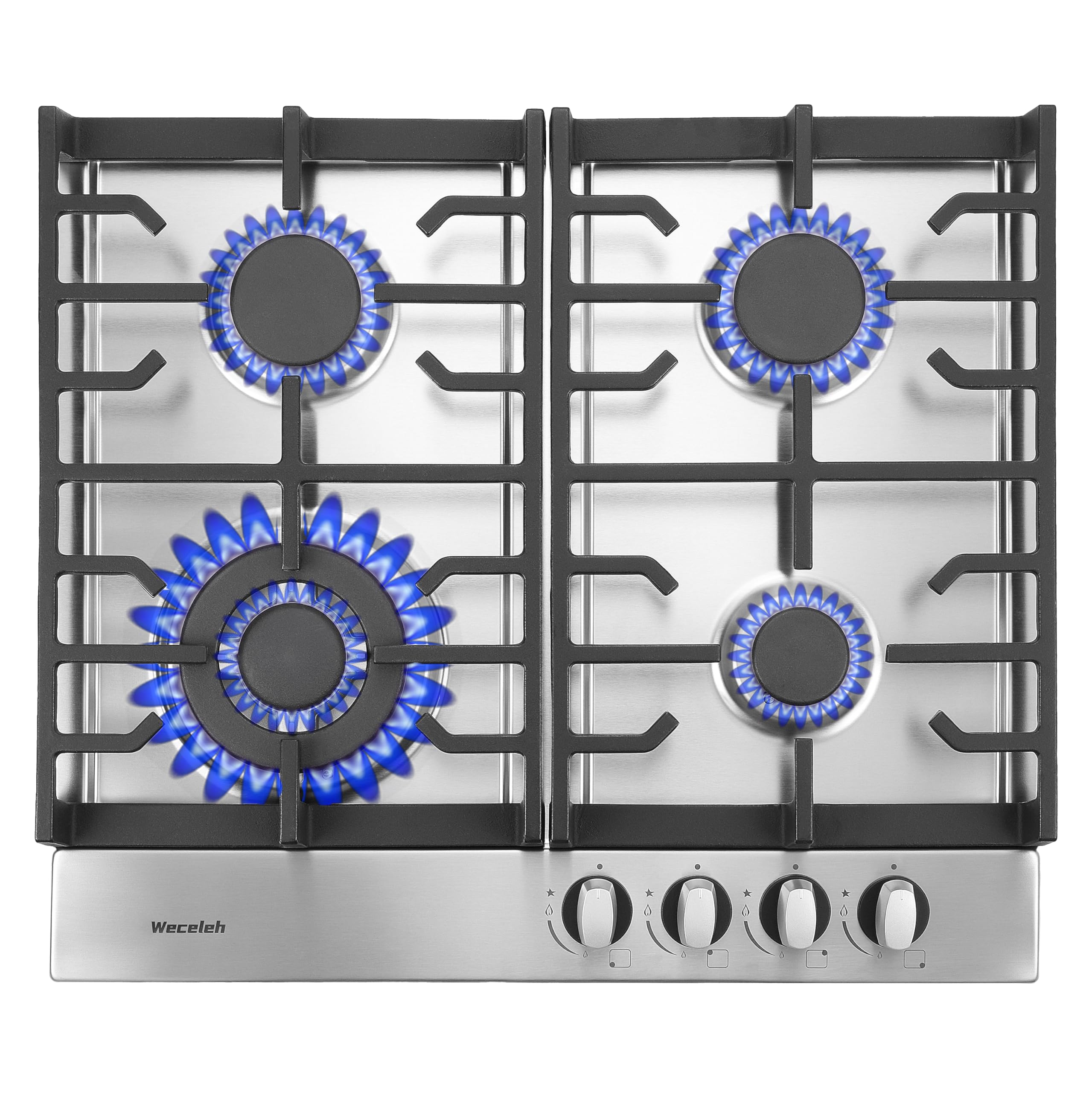 Gas Cooktop 4 burner, 24 Inch Built in Gas Stove Top, Dual Fuel Propane Cooktops, NG/LPG Convertible, Stainless Steel High Power Gas Hob, Thermocouple Protection, Gas Range, Sliver
