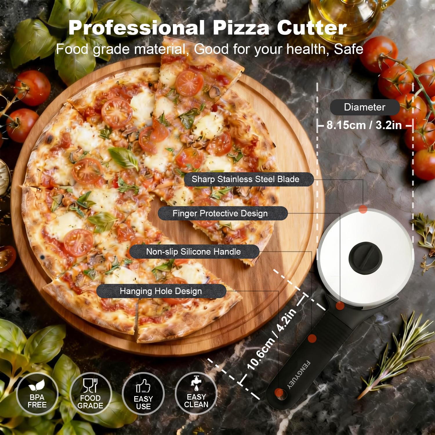 Cortapizzas [Original] - Cortador Pizza | Mango Ergonómico Antideslizante de Silicona y Cuchilla de Acero Inoxidable con Cubierta Protectora | Negro