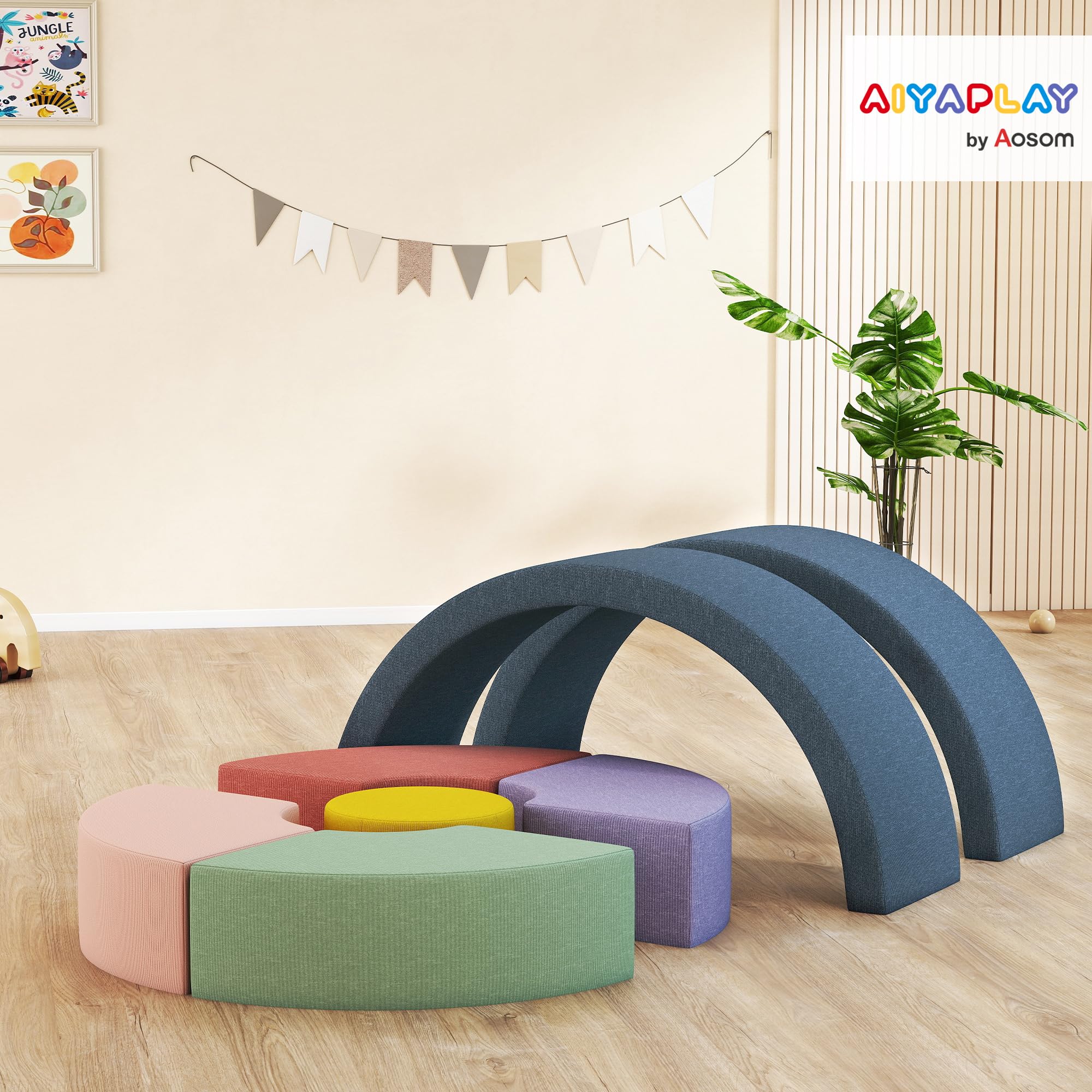 AIYAPLAY Parcours motricité bébé en Mousse 7 PCS, Module motricité bébé avec Housse Lavable, Jouets éducatifs Ramper et Grimper pour Enfants d'âge préscolaire, Multicolore