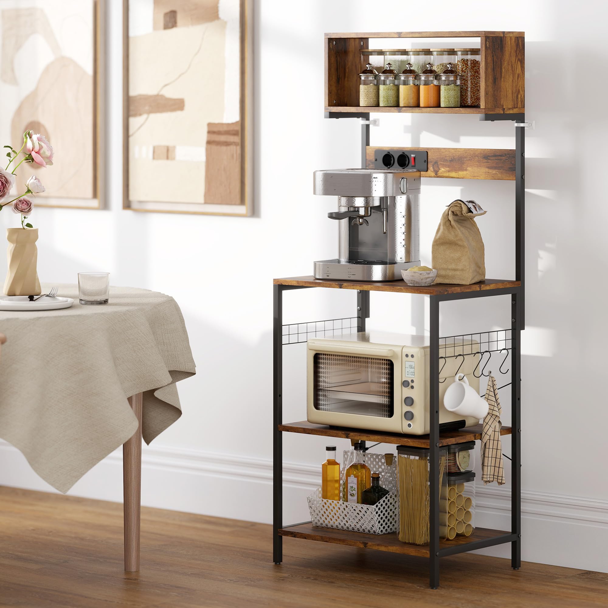 HOMCOM Étagère de Cuisine, étagère sur Pied avec 5 Crochets en S, 5 étagères, Prise de Courant, Bar à café avec entretoises en X, étagère de Boulangerie en Acier pour Cuisine, Salle à Manger, Marron
