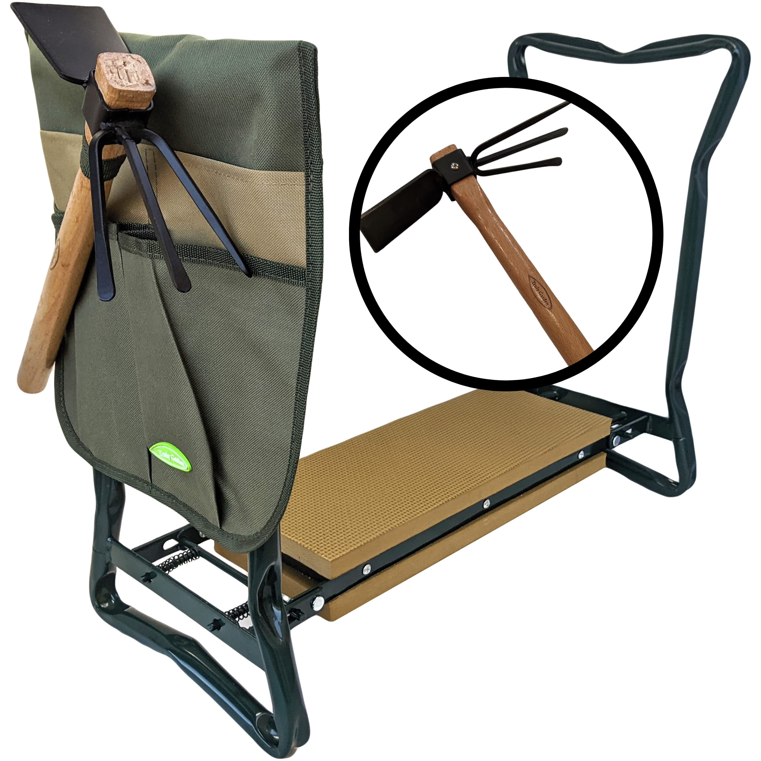 Truly Garden Kneeler/Seat with Cultivator Hoe. This Portable, Foldable Garden Bench Includes a Classic Garden Tool and Handy Tool Pouch Making it a Great Gift for Any Gardener.