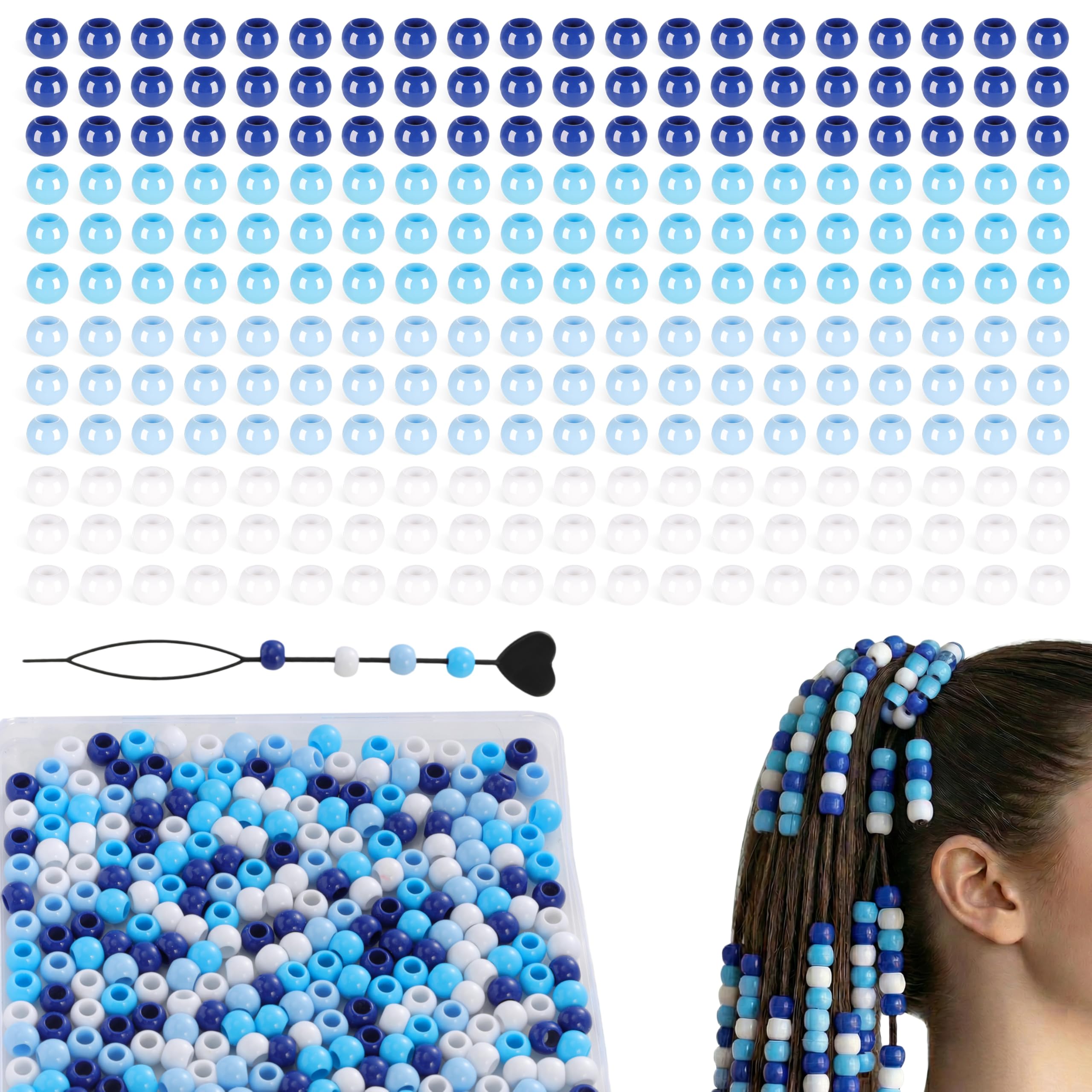 GUJOXILA 300PCS Blue Hair Beads for Braids Acrylic Hair Beads for Kids Adults Purple Large Bead Hairs Charms Jewellery Accessories with Hairs Threader