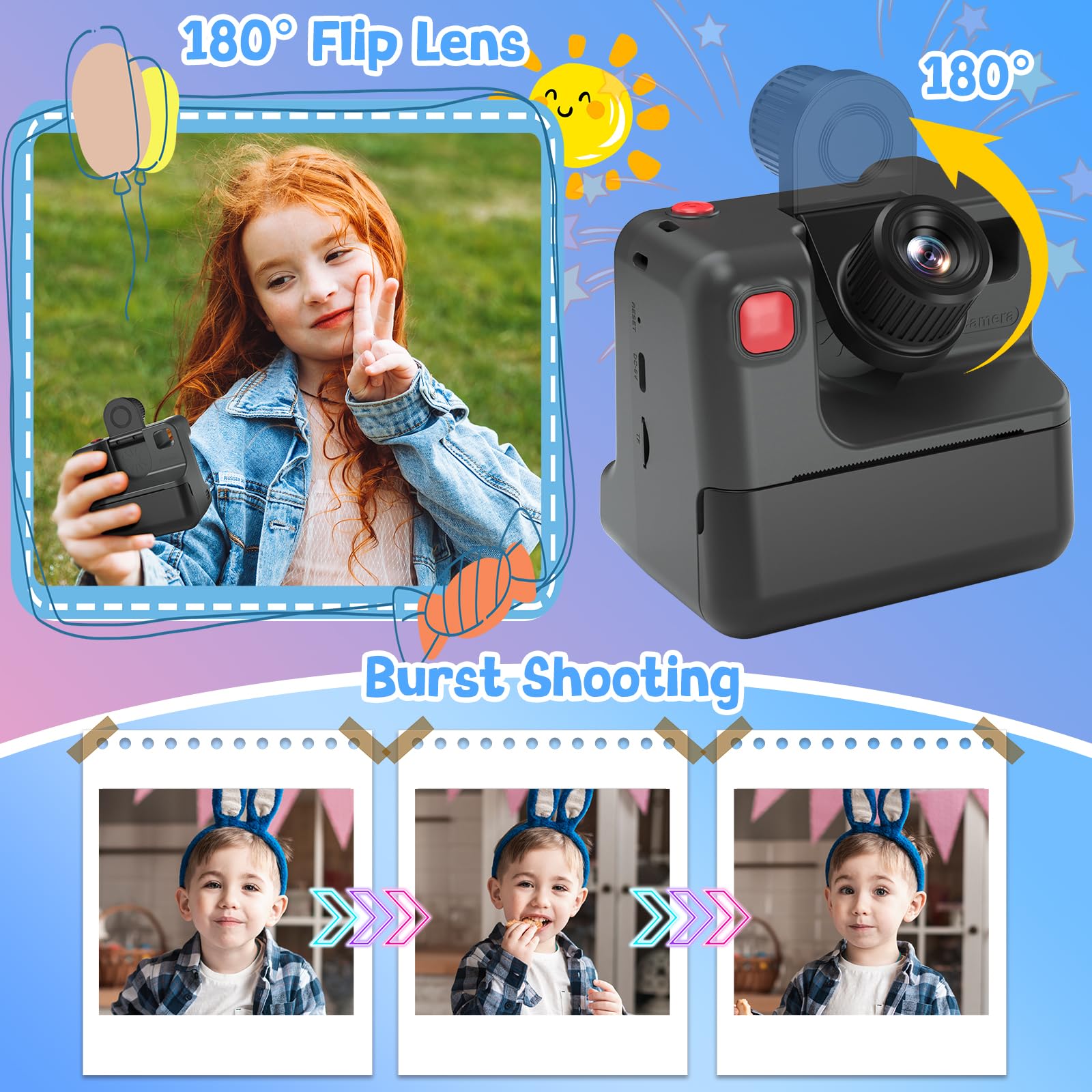 GREENKINDER Macchina Fotografica Bambini Istantanea, 1080P Macchina Fotografica Bambini con Lente 180° Flip, Scheda 32GB & Carta da Stampa, Regali di Natale Compleanno per 3-12 Ragazze Ragazzi