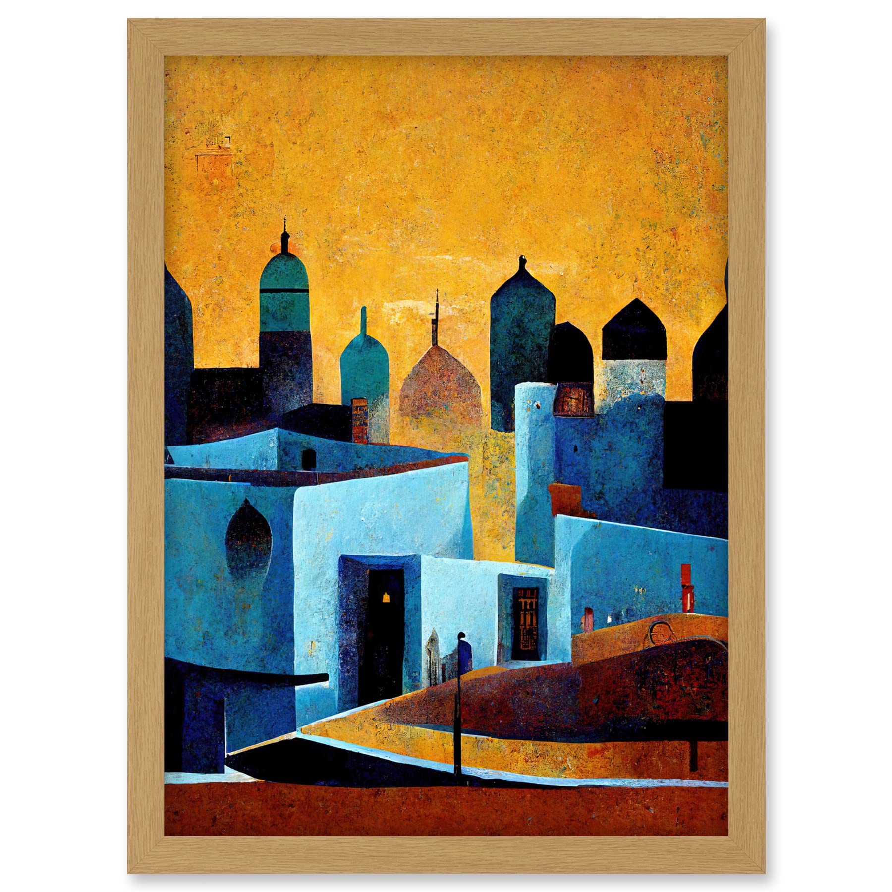 Doppelganger33 LTD Moroccan African Cityscape Modern Blue Yellow Artwork Framed A3 Wall Art Print