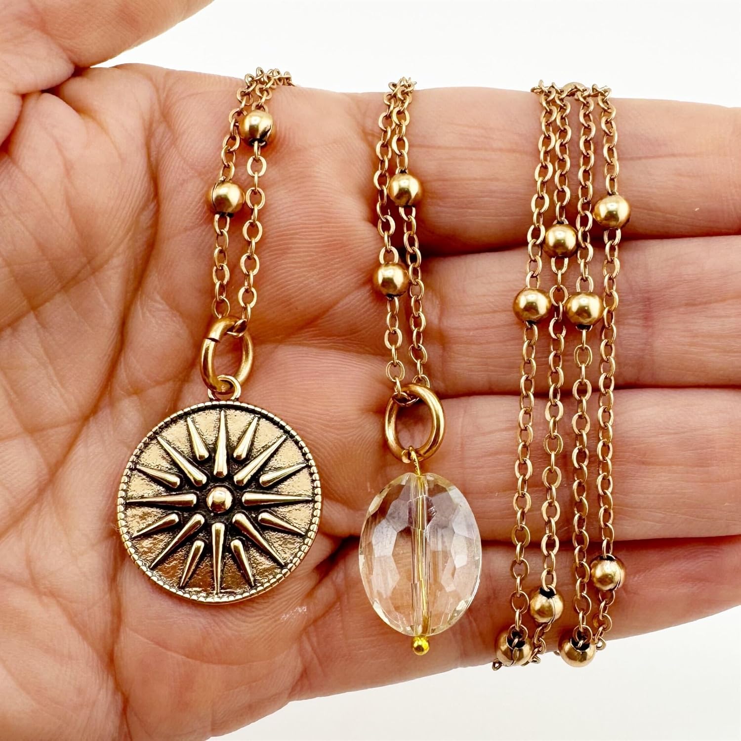 Katia Designs “This Too Shall Pass” Star Necklace – 36" Gold or Silver Plated Brass Satellite Chain with Faceted Clear AB Crystal – Dainty Boho Jewelry for Women, Quick-Connect Clasp, Nickel-Free