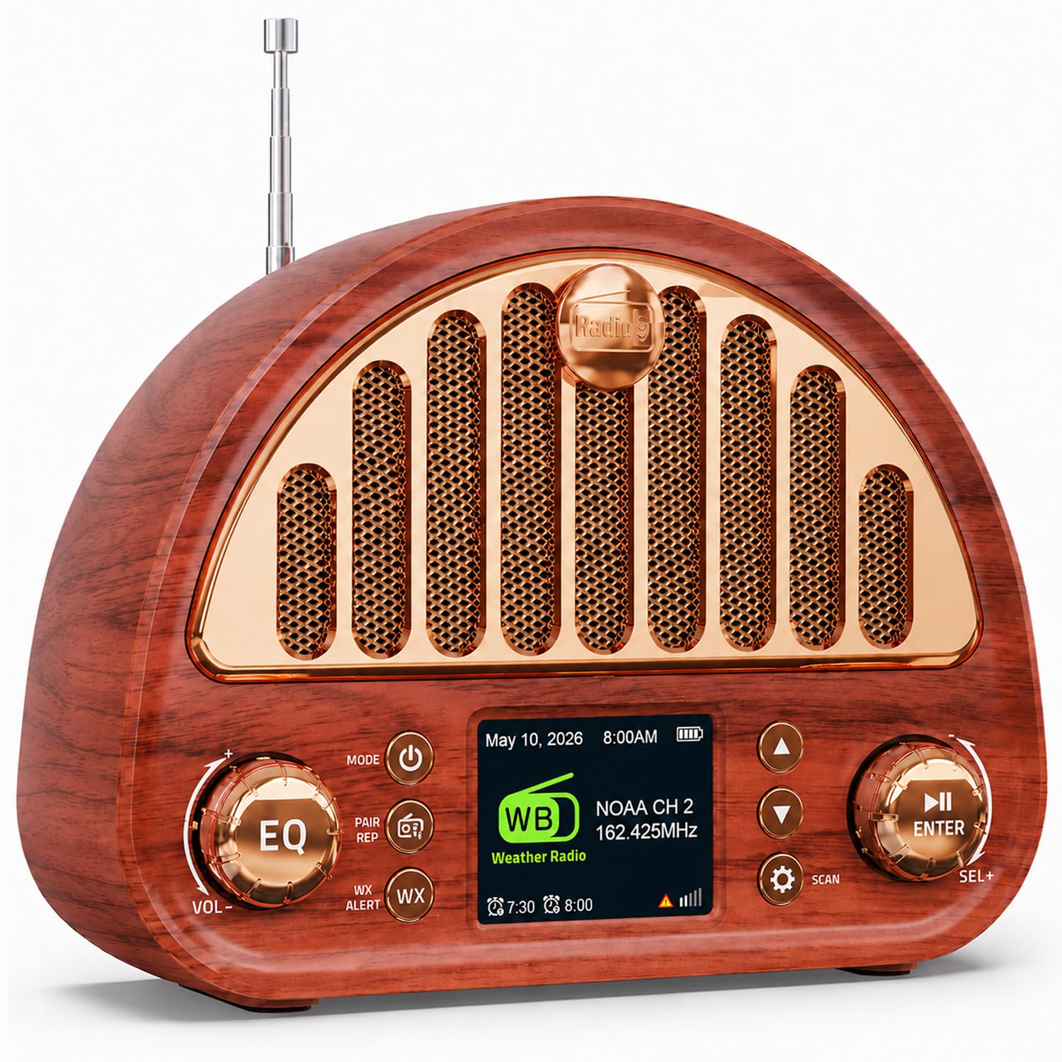 Radio FM vintage con Bluetooth y alertas meteorológicas NOAA y reloj despertador, 40 ajustes preestablecidos de sintonización digital, temporizador de sueño de alarma dual, batería recargable de 3000