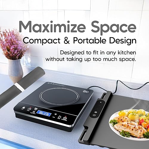 Miniatura 5 de OMEO Placa de cocción portátil de inducción única de 1800 vatios con sensor LCD táctil y bandeja de calentamiento eléctrica gris con 3 ajustes de