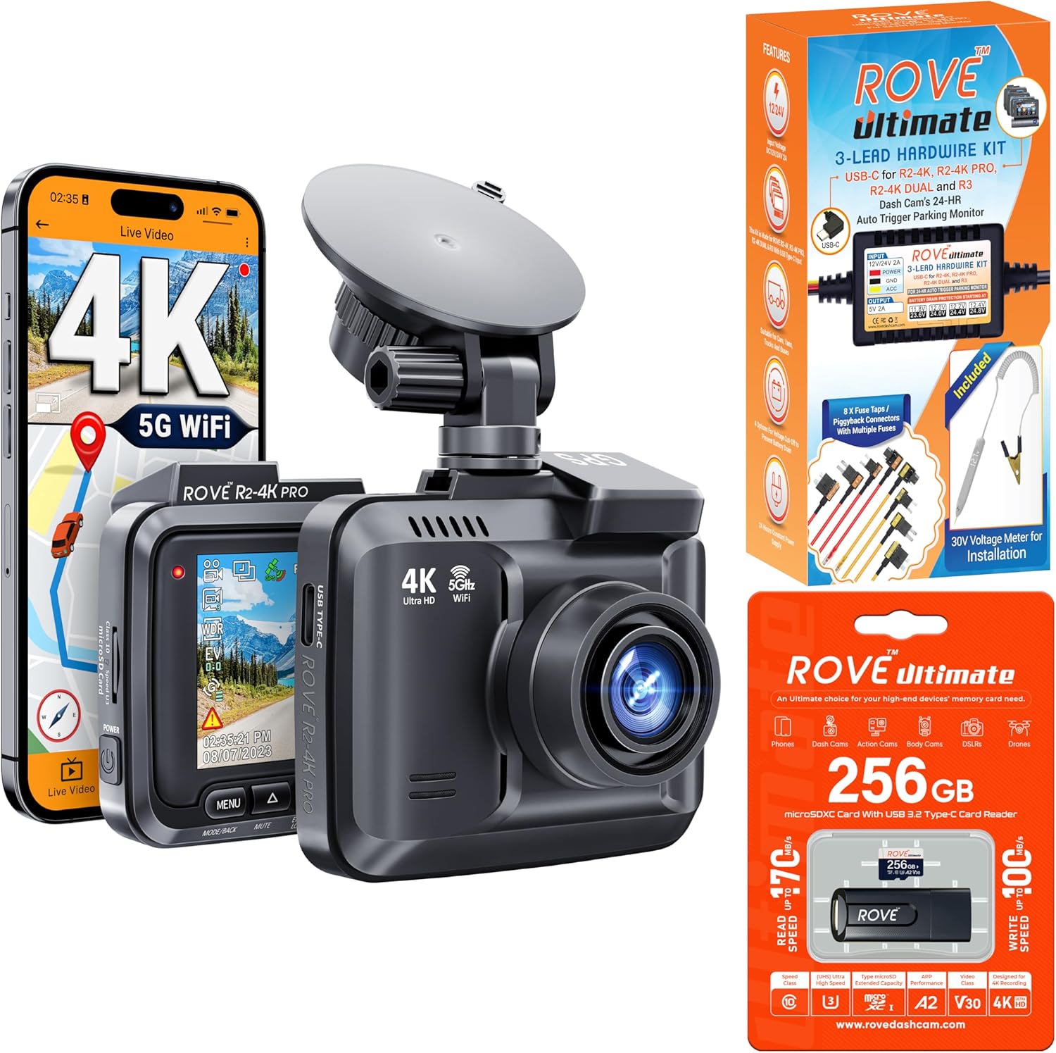 ROVE R2-4K PRO Dash Cam | Hardwire Kit | 256GB Micro SD Card