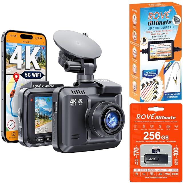 ROVE R2-4K PRO Dash Cam Hardwire Kit 256GB Micro SD Card