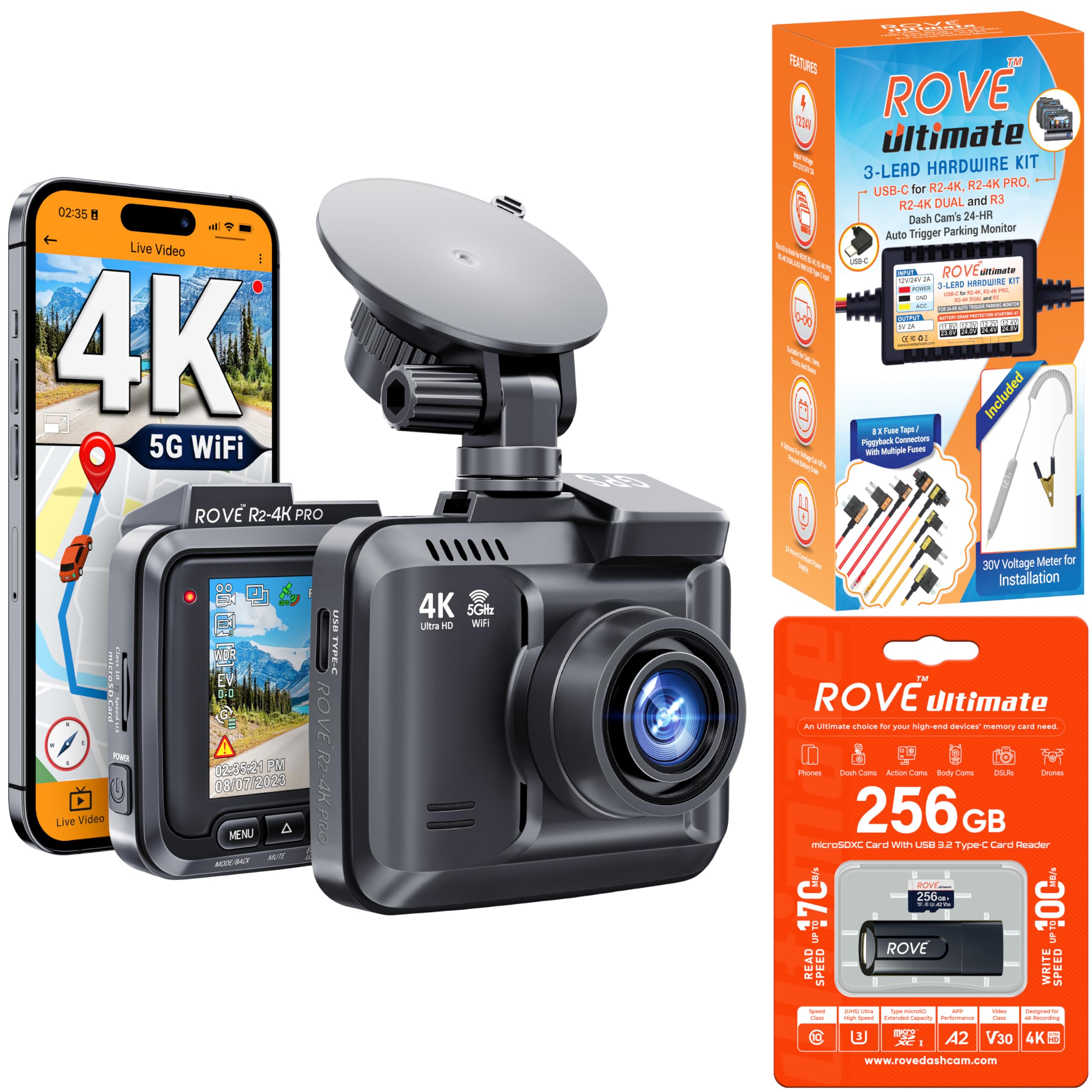 ROVE R2-4K PRO Dash Cam Hardwire Kit 256GB Micro SD Card