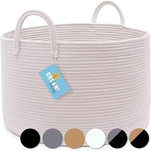 OrganiHaus White Woven Baskets for Storage 20x13 | Large Basket for Toys | Nursery Laundry Basket | Cotton Rope Basket with Handles | Towel Basket for Bathroom | Throw Blanket Basket for Living Room