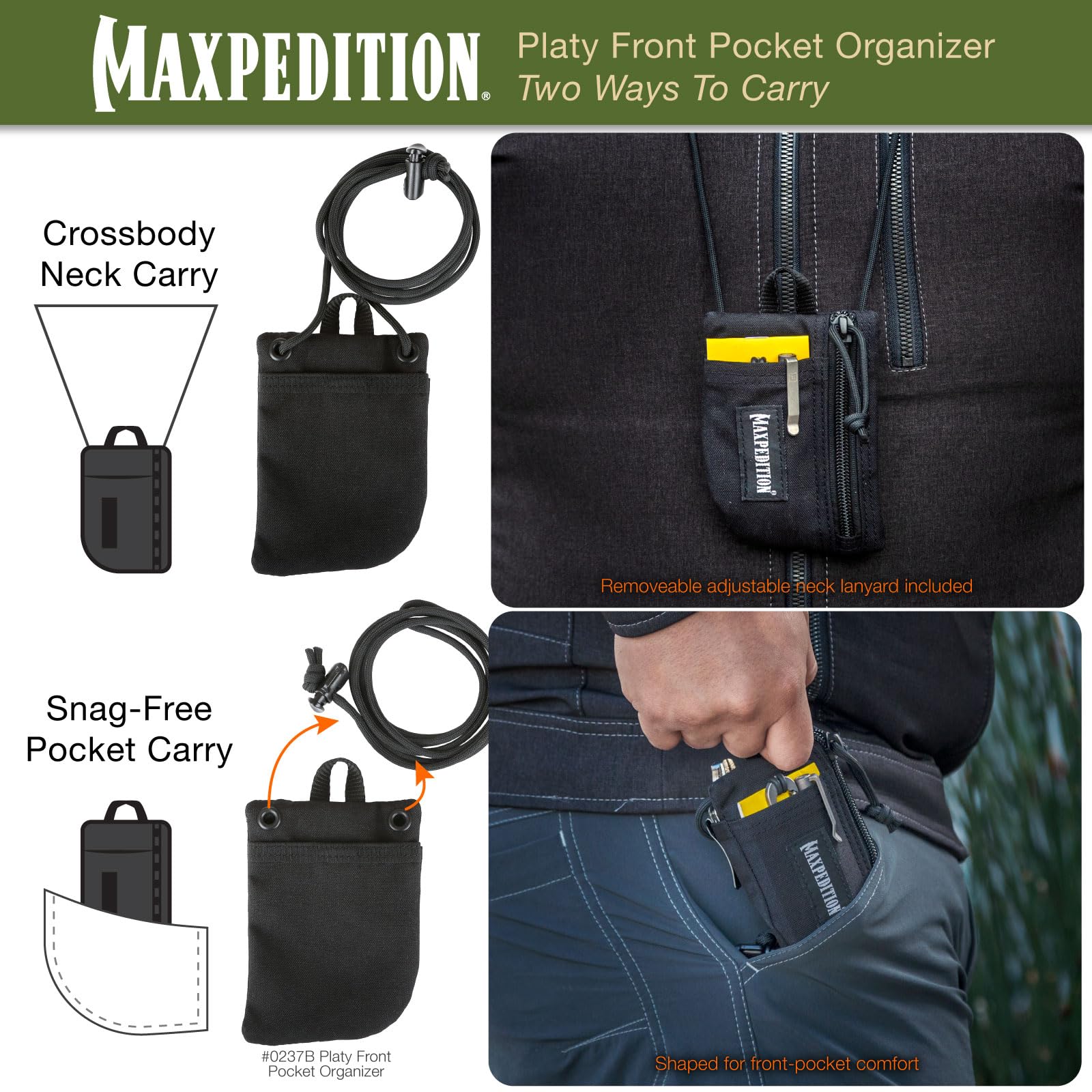 MAXPEDITION Platy Organiseur de poche, pochette à outils EDC durable pour homme, portefeuille tour de cou avec cordon en paracorde, peut contenir une lampe de poche, des outils multiples, un stylo, un