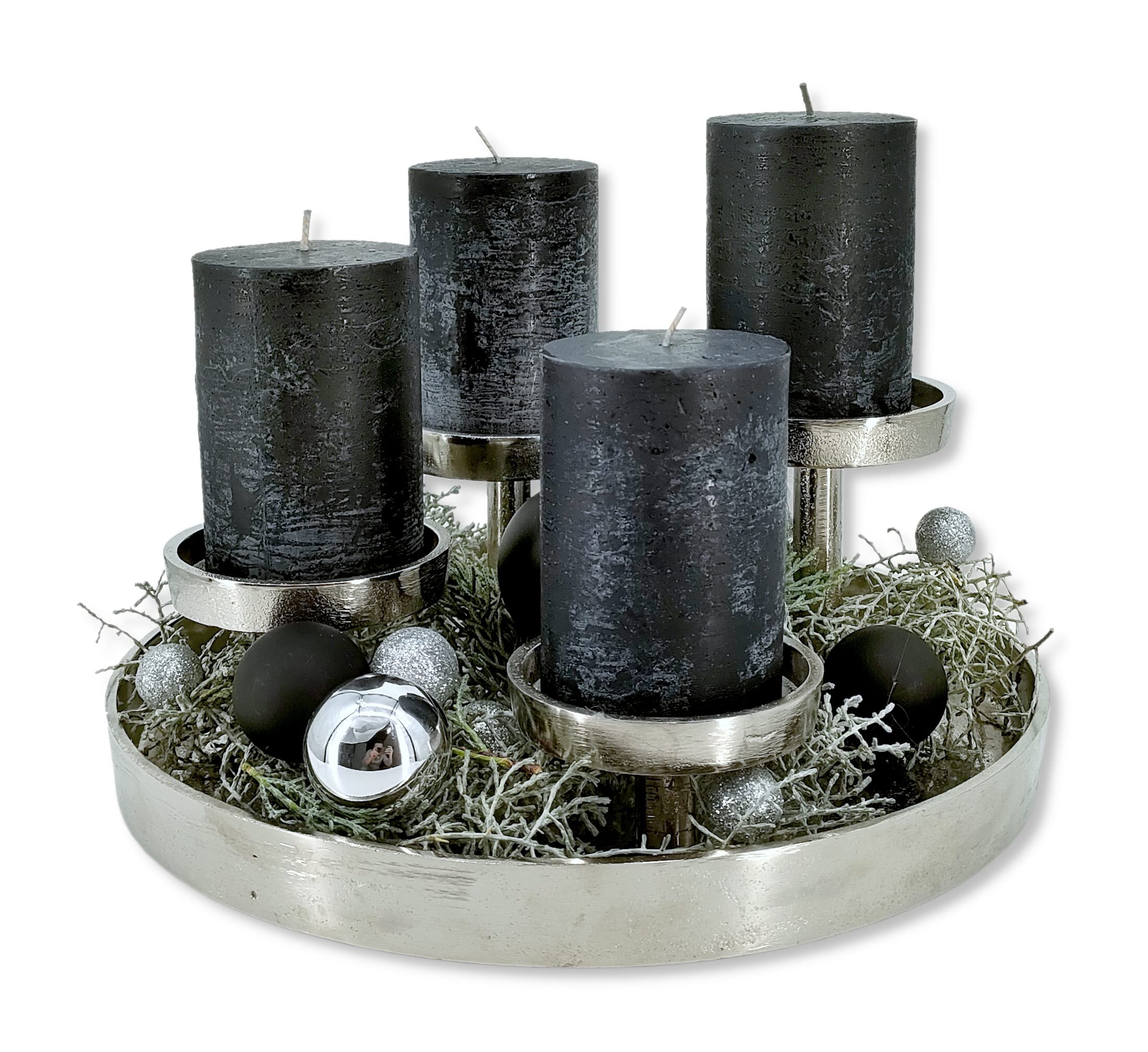 Metall Kerzenhalter rund Silber Ø 30cm für Vier große Stumpen-Kerzen Tisch-Deko Advent-Kerzenständer