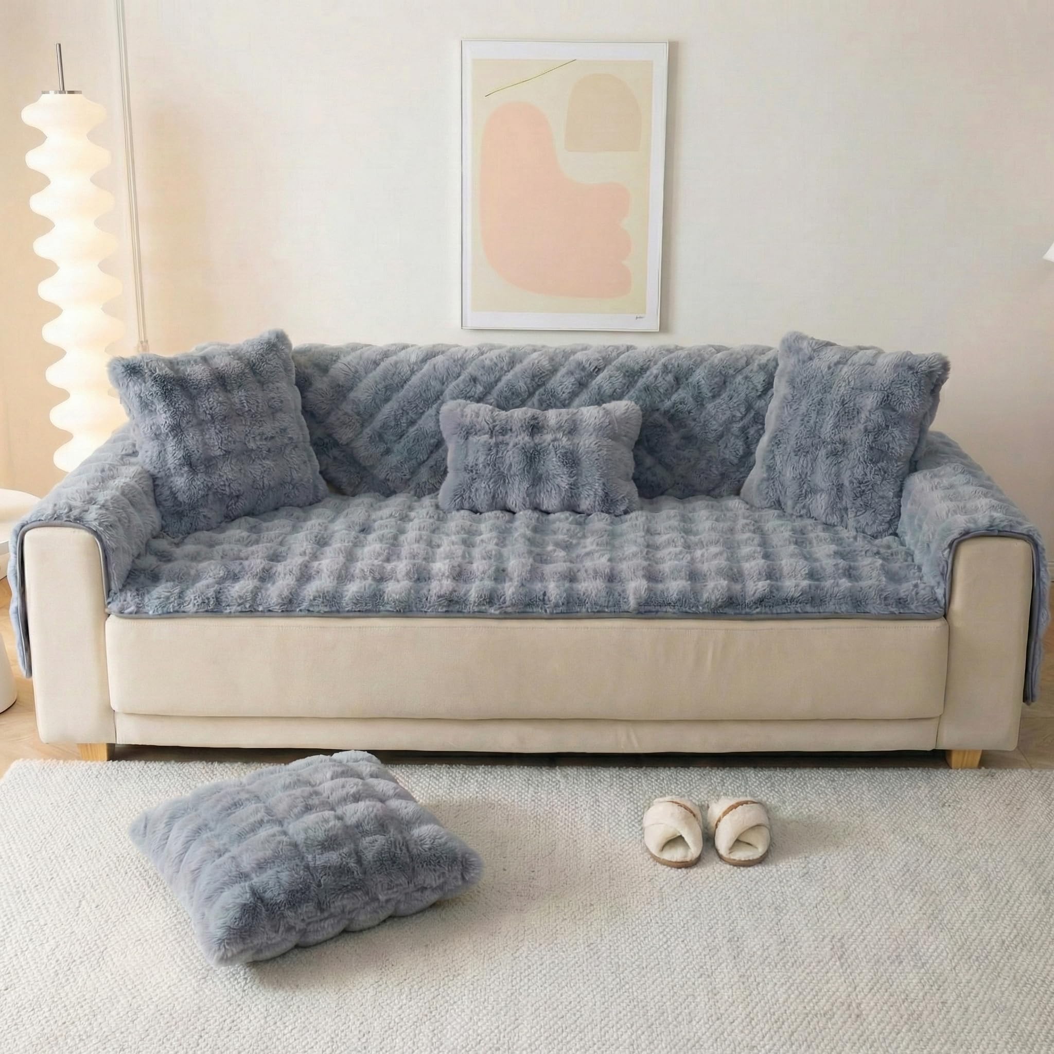 DREAM CARE Premium Waterproof Faux Rabbit Fur Sofa Seat Protector Ultra-Soft & Fluffy with Anti-Slip Backing, 3 Seater Sofa Seat Cover 70 * 180 (Grey)-image-44