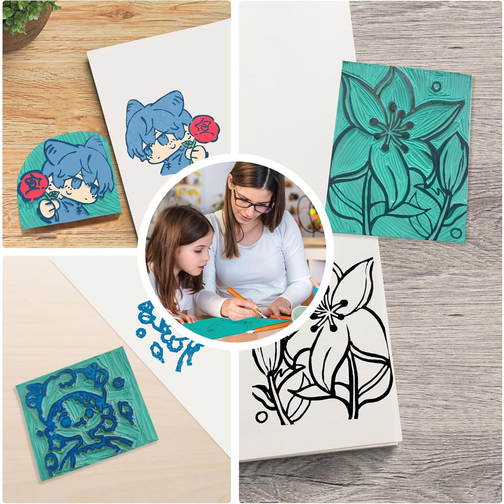 Set di Stampa Linocut - Kit Iniziale in linogravatura da 12 Pezzi con lastre in Linoleum, Carte da tracciamento e Strumenti per francobolli Fai-da-Te, Stampa e Poster artistici