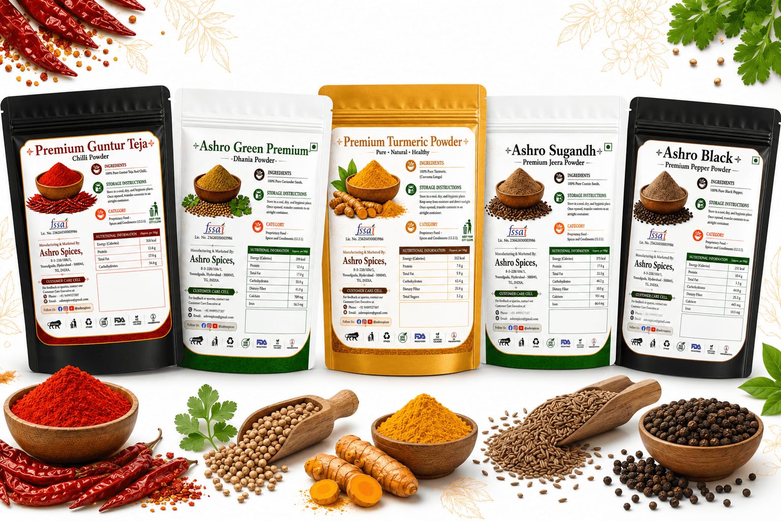 ASHRO Premium Kitchen Ground Spices Combo Pack - 500g (100g x 5) | Powders of : Guntur Teja Ghatudhar Red Chilli, Suvarna Gold Turmeric (Haldi), Sugandh Gold Coriander (Dhania), Sugandh Cumin (Jeera) & Black Pepper (Kali Mirch) Powder | Freshly Ground at home | No Artificial Colors | Hygienically Packed-image-41