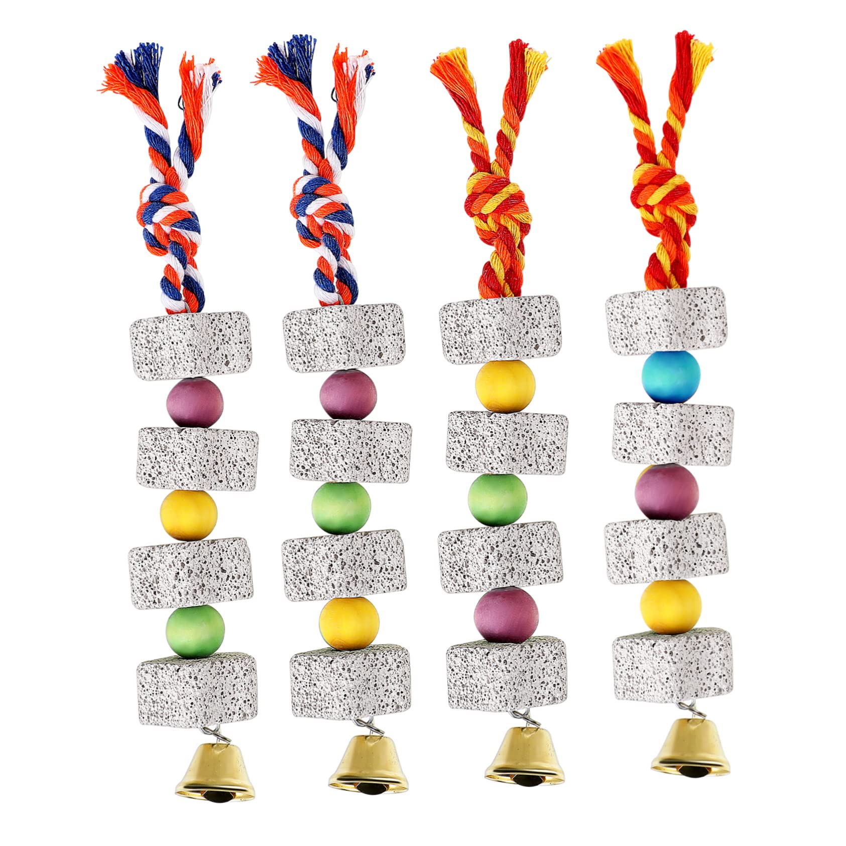 HOUDERCO 4Pcs Parrot Beak Grinding Stone with Bells Hanging Chewing for Parrots Cockatiels and Birds Cage Accessories for Healthy Fun and Loneliness Reduction