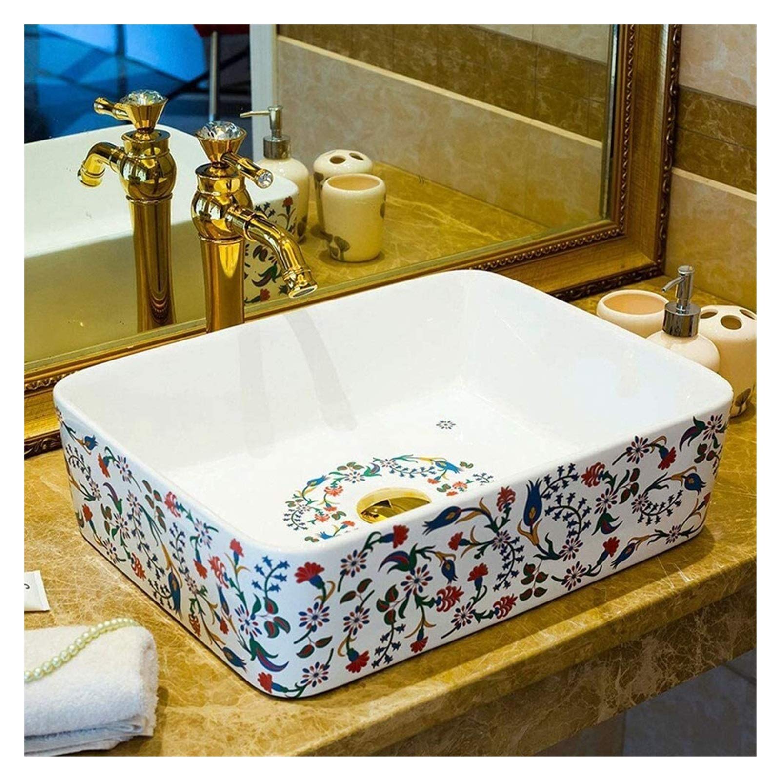 OLSKFUH Bathroom Vessel Sink, Antique Vanity Bowl Basin Rectangular Ceramic Bathroom Vessel Sink, 48X38X13Cm Above Counter Vanity Porcelain Countertop Sink Art Basin,