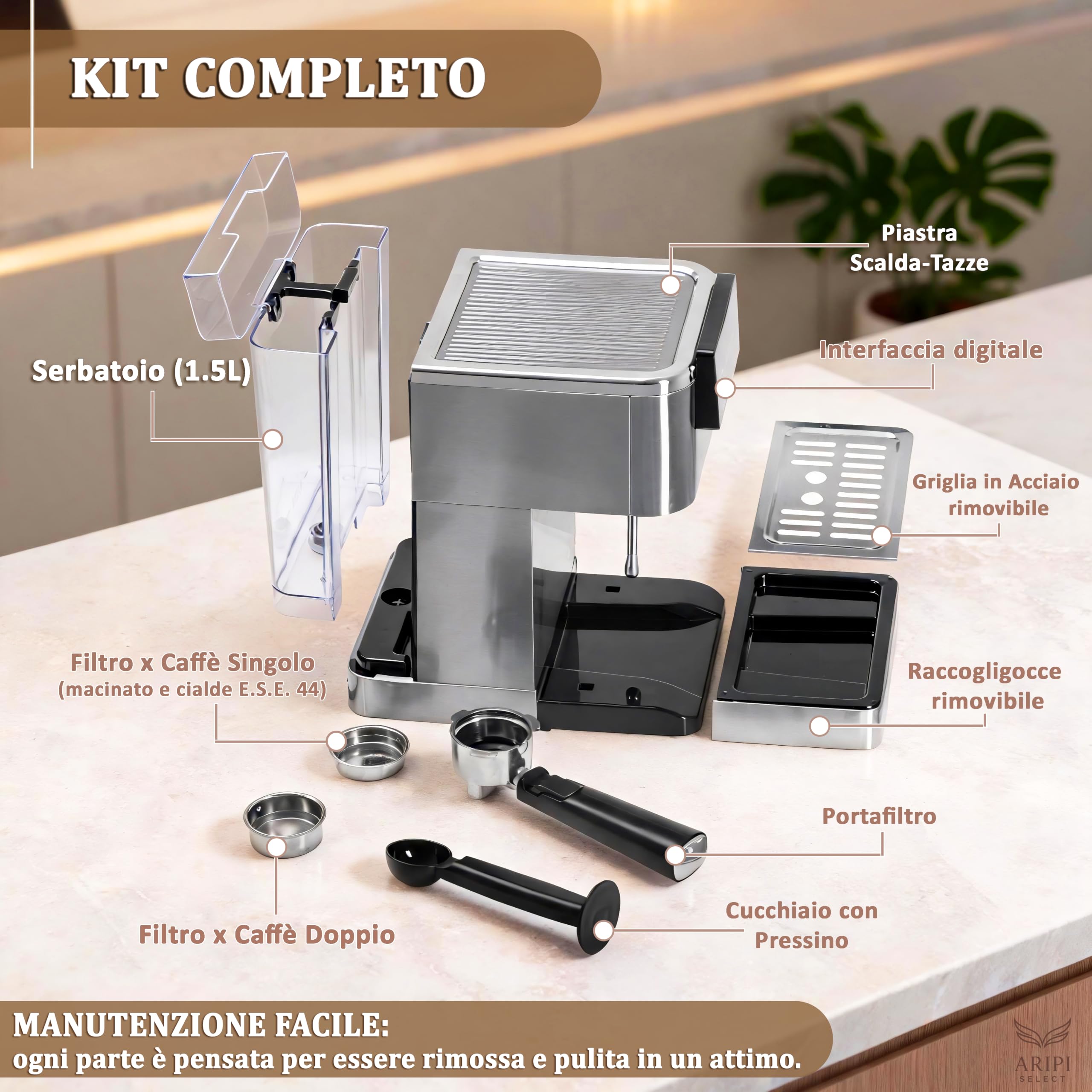 Macchina Caffè Polvere e Cialde AD 4390, Macchina Caffè Macinato da 20 Bar, Sistema Riscaldamento Rapido 20s e Controllo PID, Funzione Espresso Cool, Acciaio Inossidabile, Montalatte Integrato