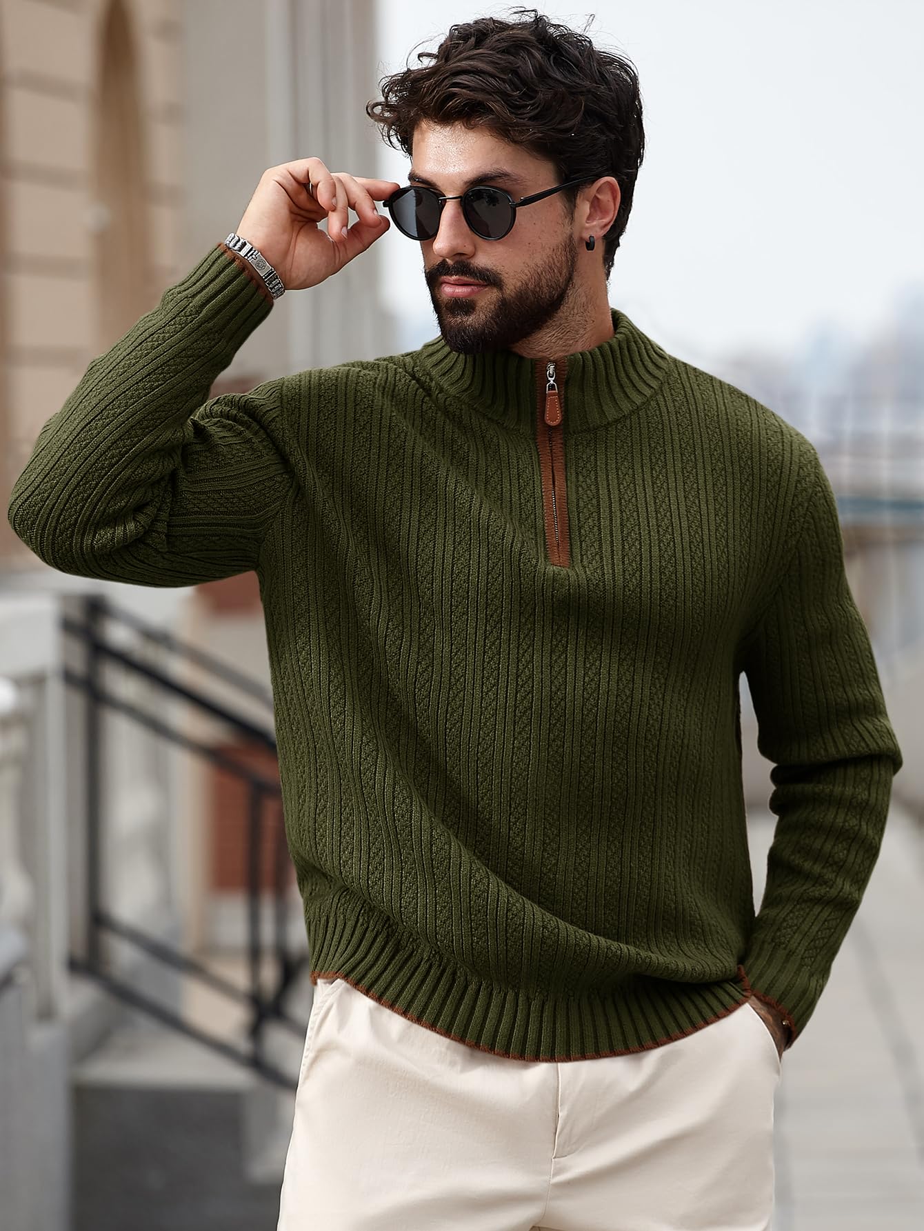 Runcati Mens Quarter-Zip Pullover Sweater Casual Mock Neck Knitted Winter Warm Ribbed Polo Sweaters