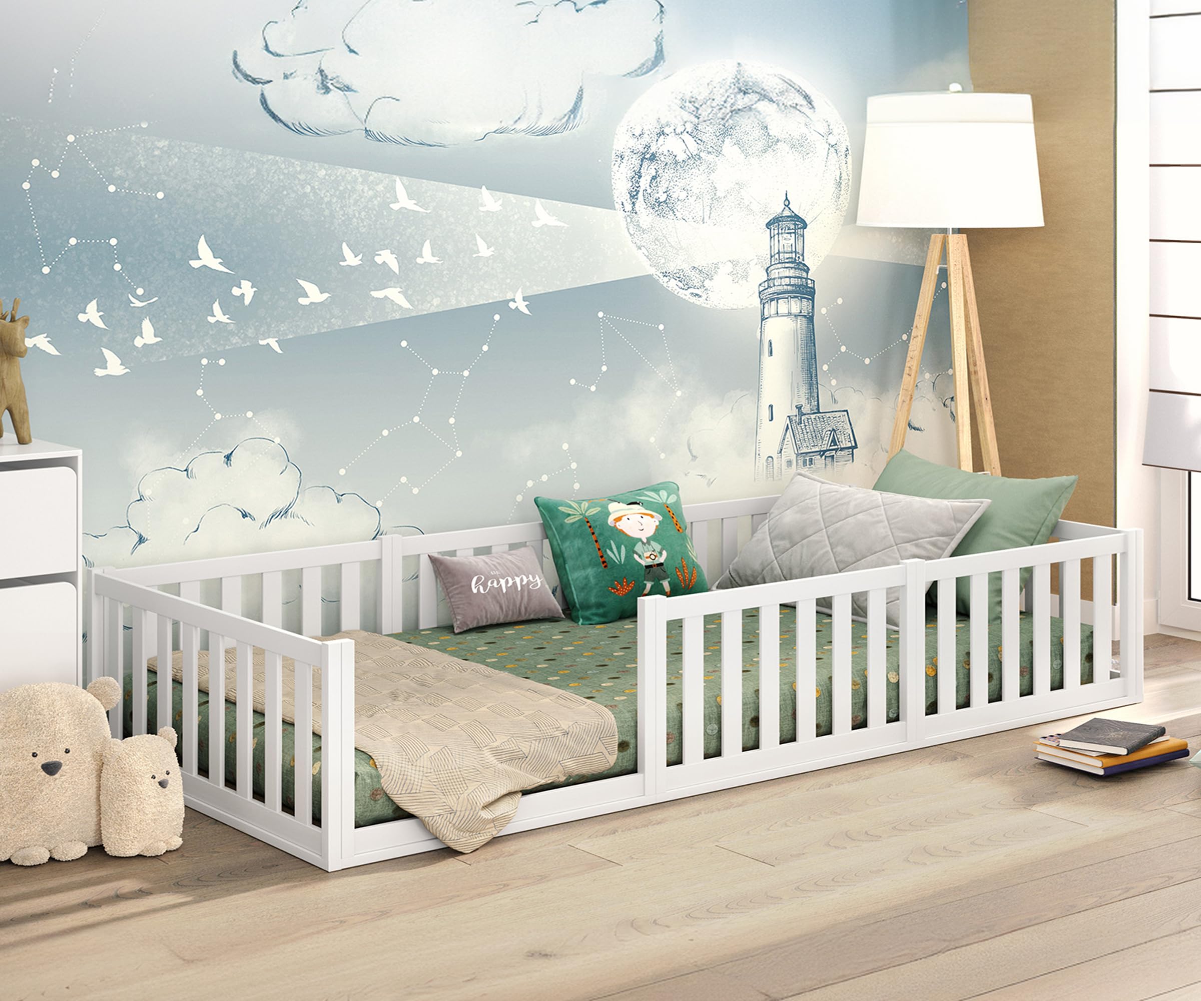 CADANI Cama Montessori TESO 90x200 – 200 kg Capacidad, Entrada Ajustable, somier Enrollable, Cama-Infantil Blanca