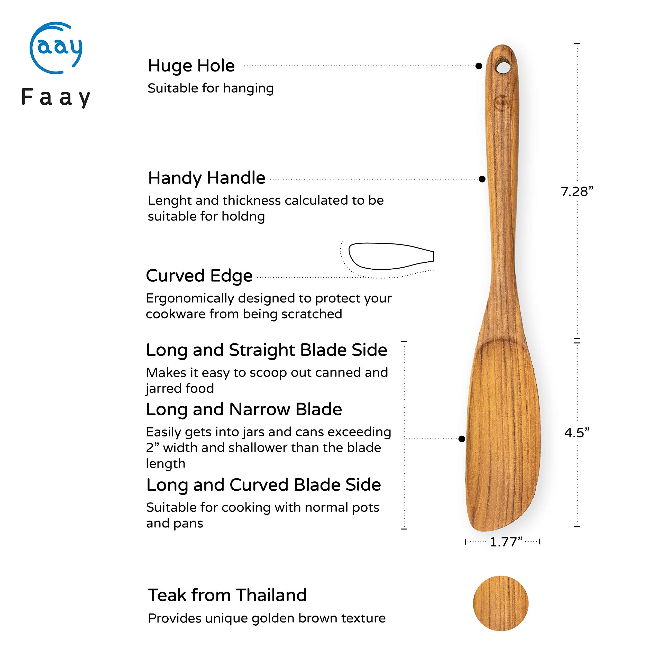 FAAY Jar Spoon, 12 "Tazón mixto Cucharas de madera para cocinar, Cuchara de madera de teca hecha a mano, Utensilios saludables, Apto para cualquier tipo de utensilios de cocina